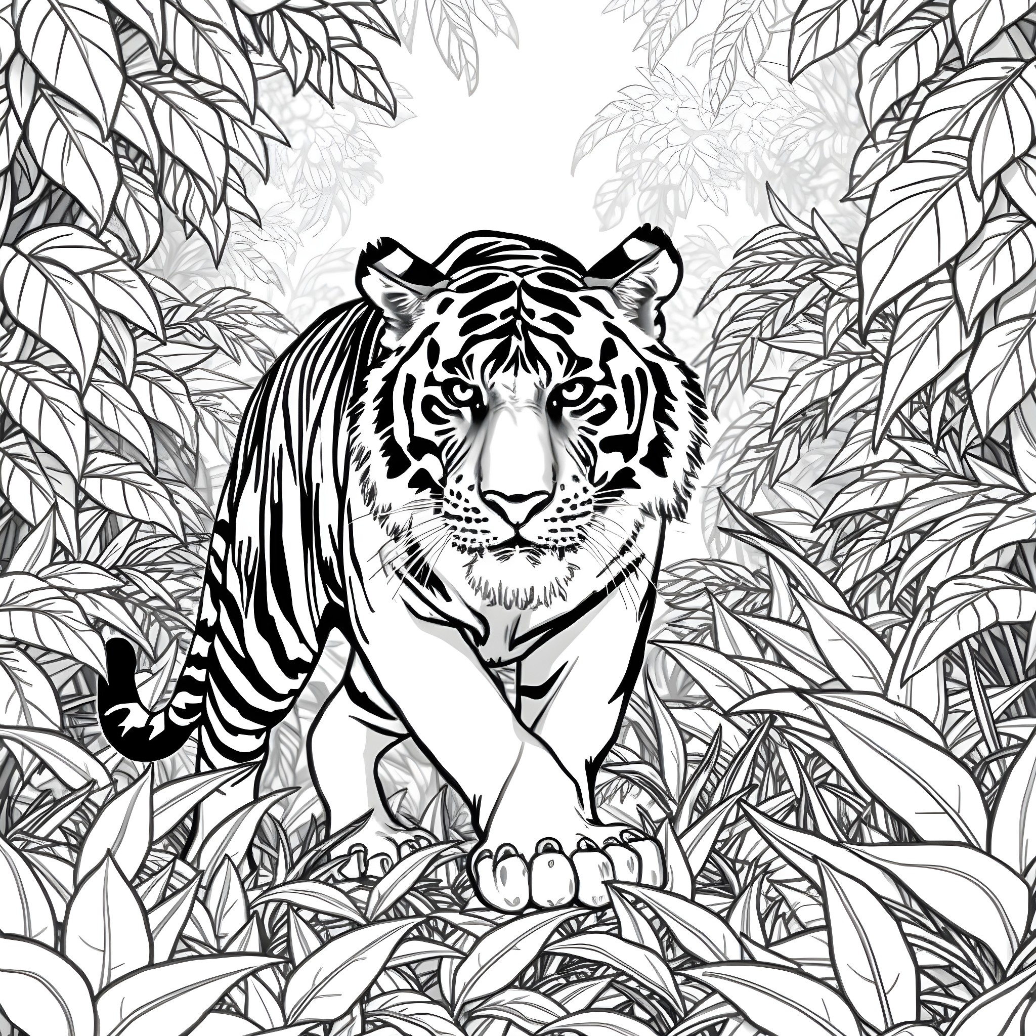 Tiger Prowling Through Lush Foliage Coloring Page (free black-and-white line drawing printable PDF for all, from beginners to advanced learners, including children, teens, adults, and seniors)