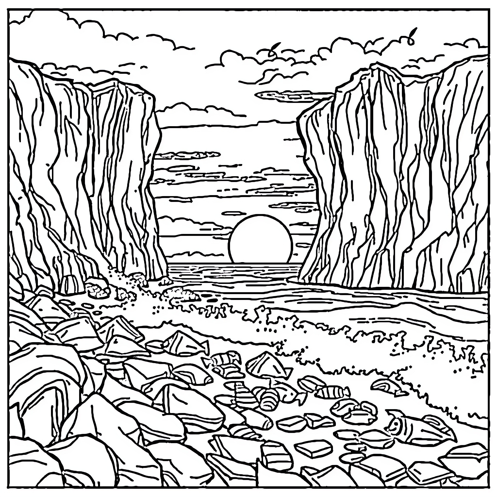 Moses crossing the parted sea to freedom Coloring Page (free black-and-white line drawing printable PDF for all, from beginners to advanced learners, including children, teens, adults, and seniors)