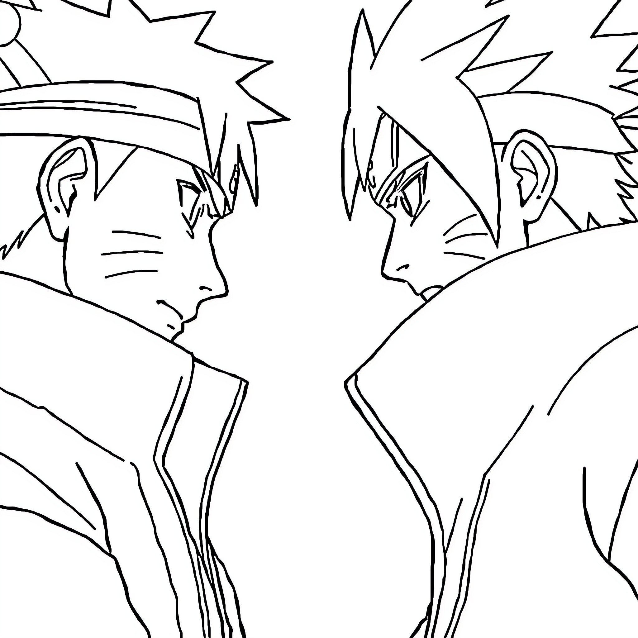 Naruto characters in intense standoff Coloring Page (free black-and-white line drawing printable PDF for all, from beginners to advanced learners, including children, teens, adults, and seniors)