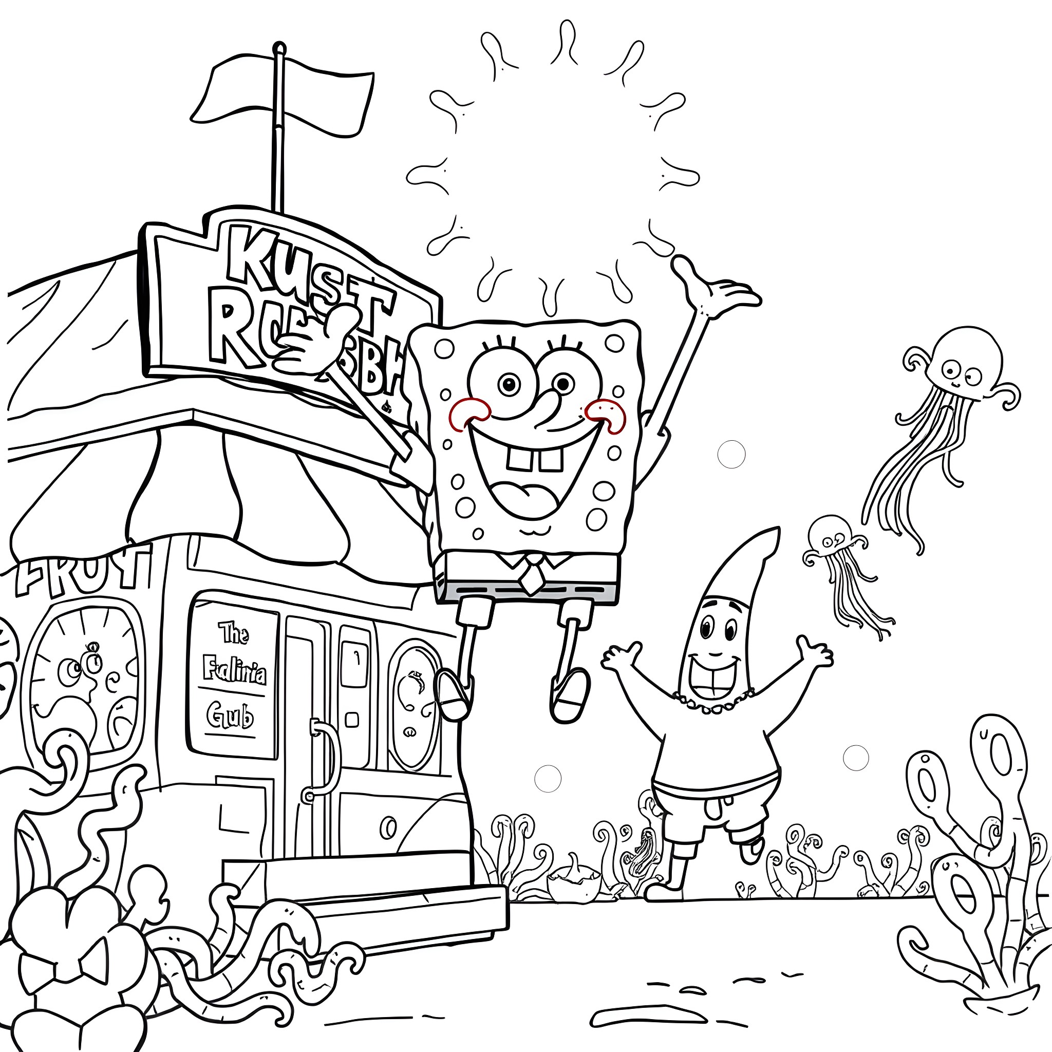 Spongebob and friends enjoying the Krusty Krab scene Coloring Page (free black-and-white line drawing printable PDF for all, from beginners to advanced learners, including children, teens, adults, and seniors)