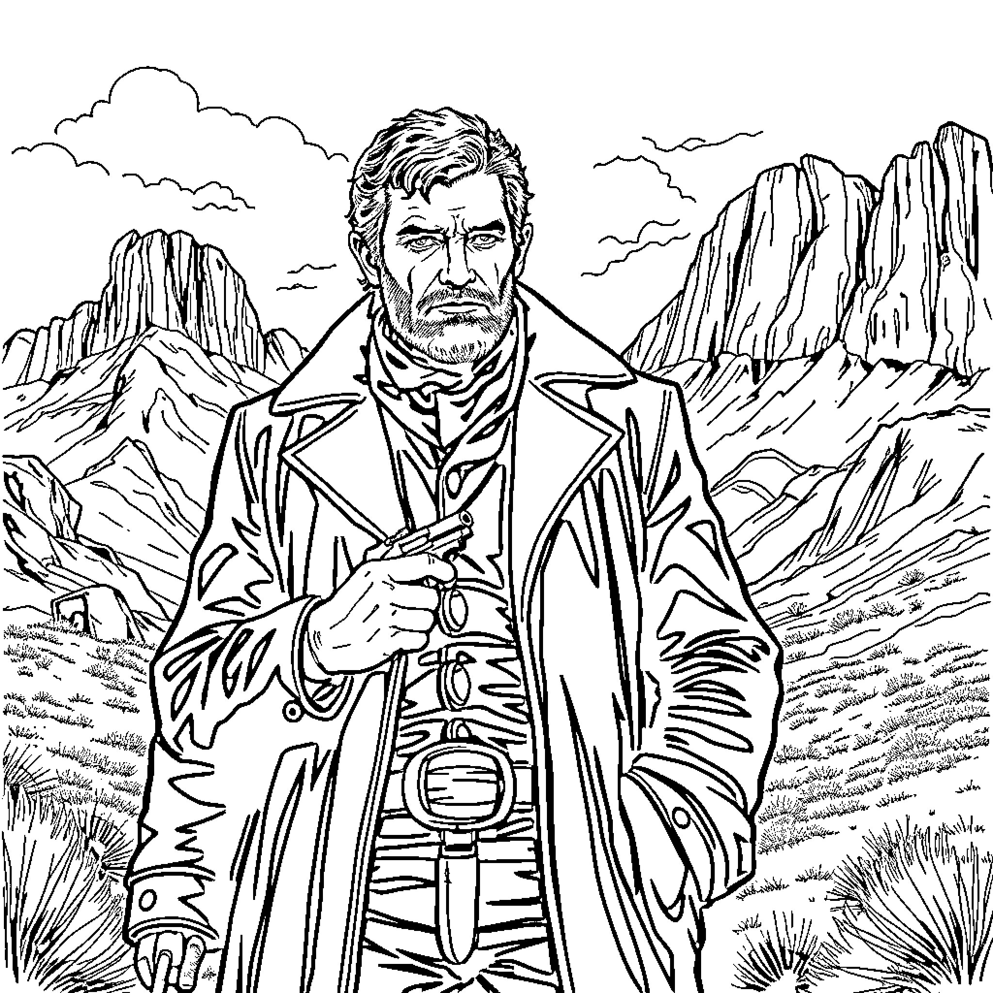Arthur Morgan standing resolute in the wilderness Coloring Page (free black-and-white line drawing printable PDF for all, from beginners to advanced learners, including children, teens, adults, and seniors)