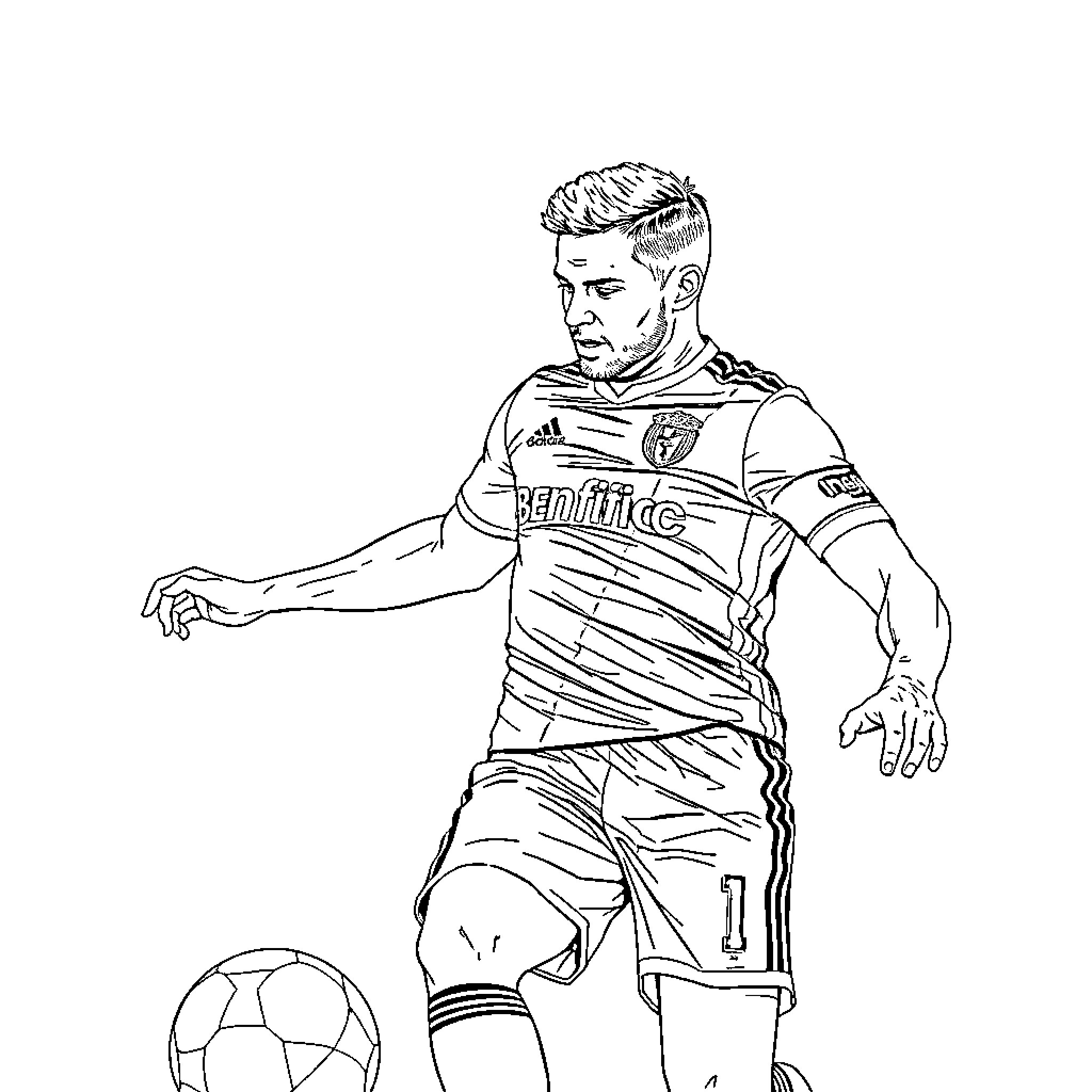 Benfica Player in Action on the Field Coloring Page (free black-and-white line drawing printable PDF for all, from beginners to advanced learners, including children, teens, adults, and seniors)
