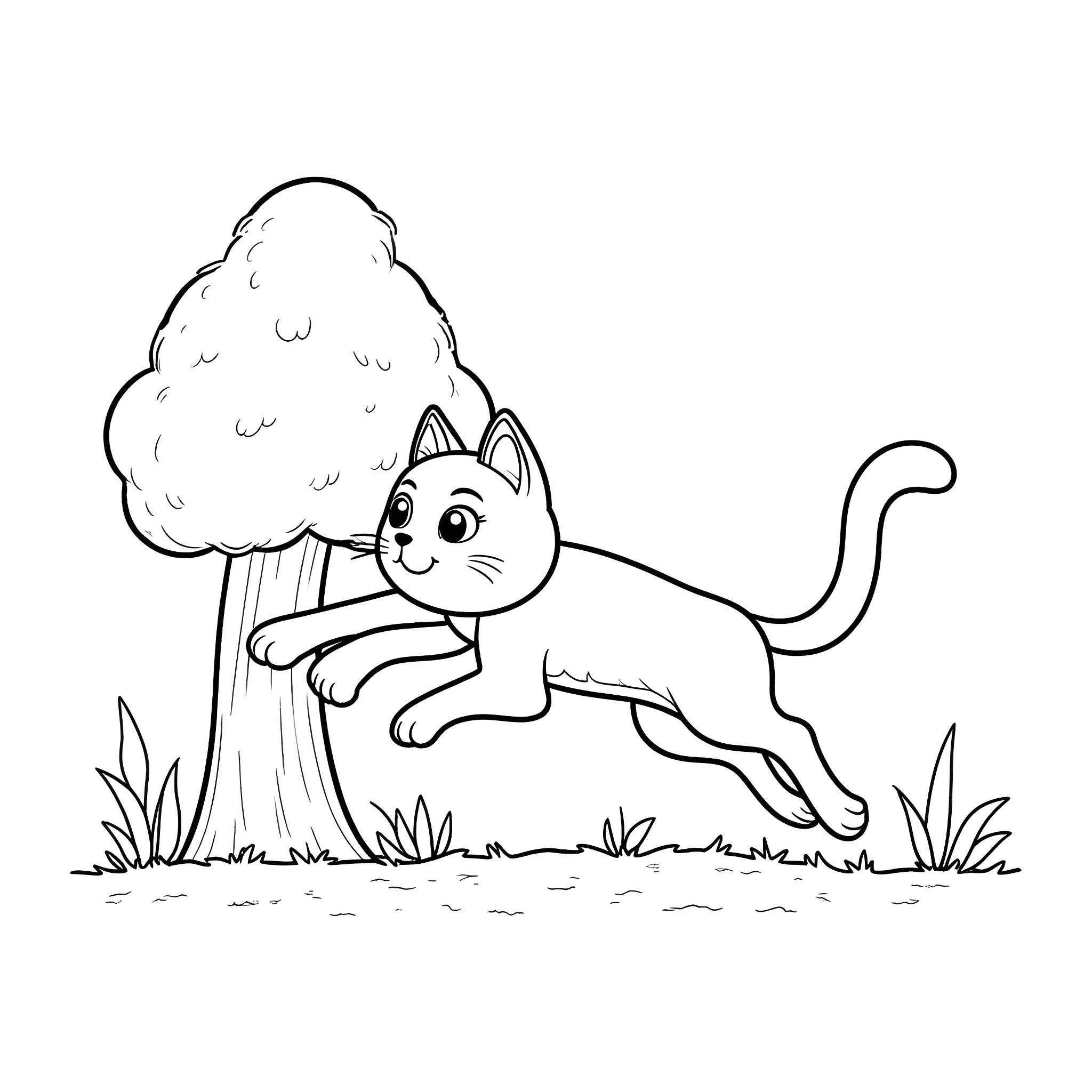 Cat exploring the outdoors near a tree Coloring Page (free black-and-white line drawing printable PDF for all, from beginners to advanced learners, including children, teens, adults, and seniors)