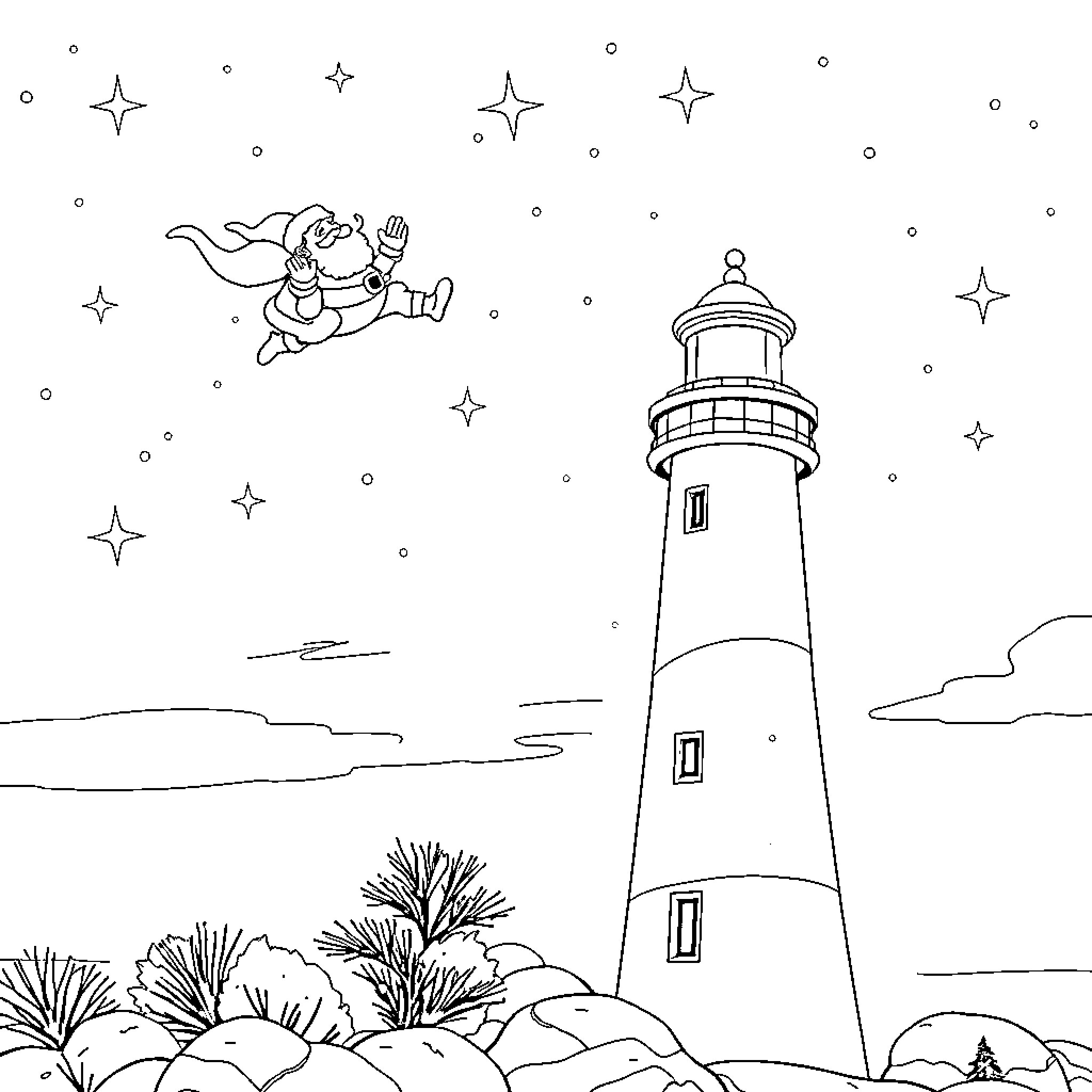 Santa flying joyfully among the stars near lighthouse Coloring Page (free black-and-white line drawing printable PDF for all, from beginners to advanced learners, including children, teens, adults, and seniors)