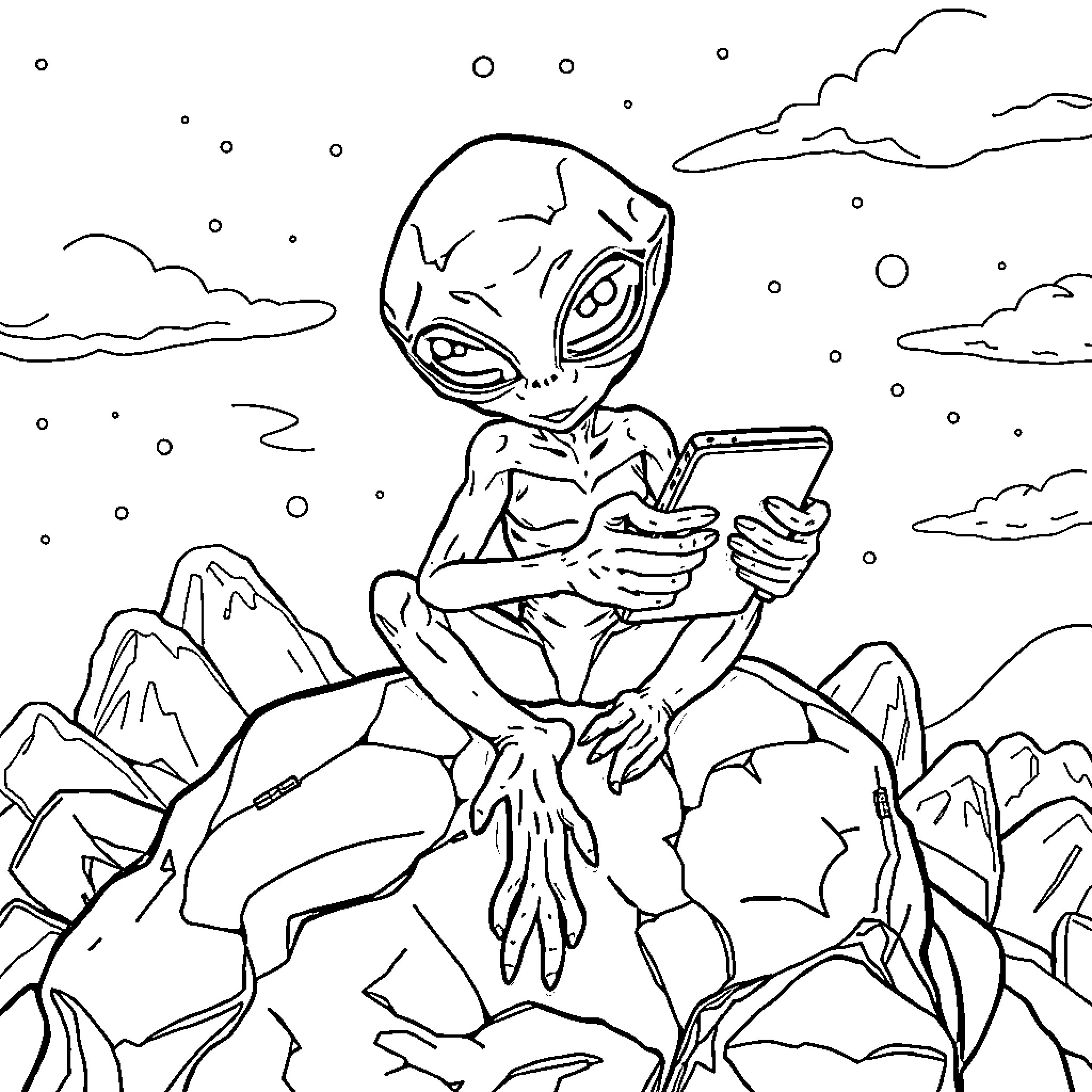 Alien using a smartphone on a rocky planet Coloring Page (free black-and-white line drawing printable PDF for all, from beginners to advanced learners, including children, teens, adults, and seniors)
