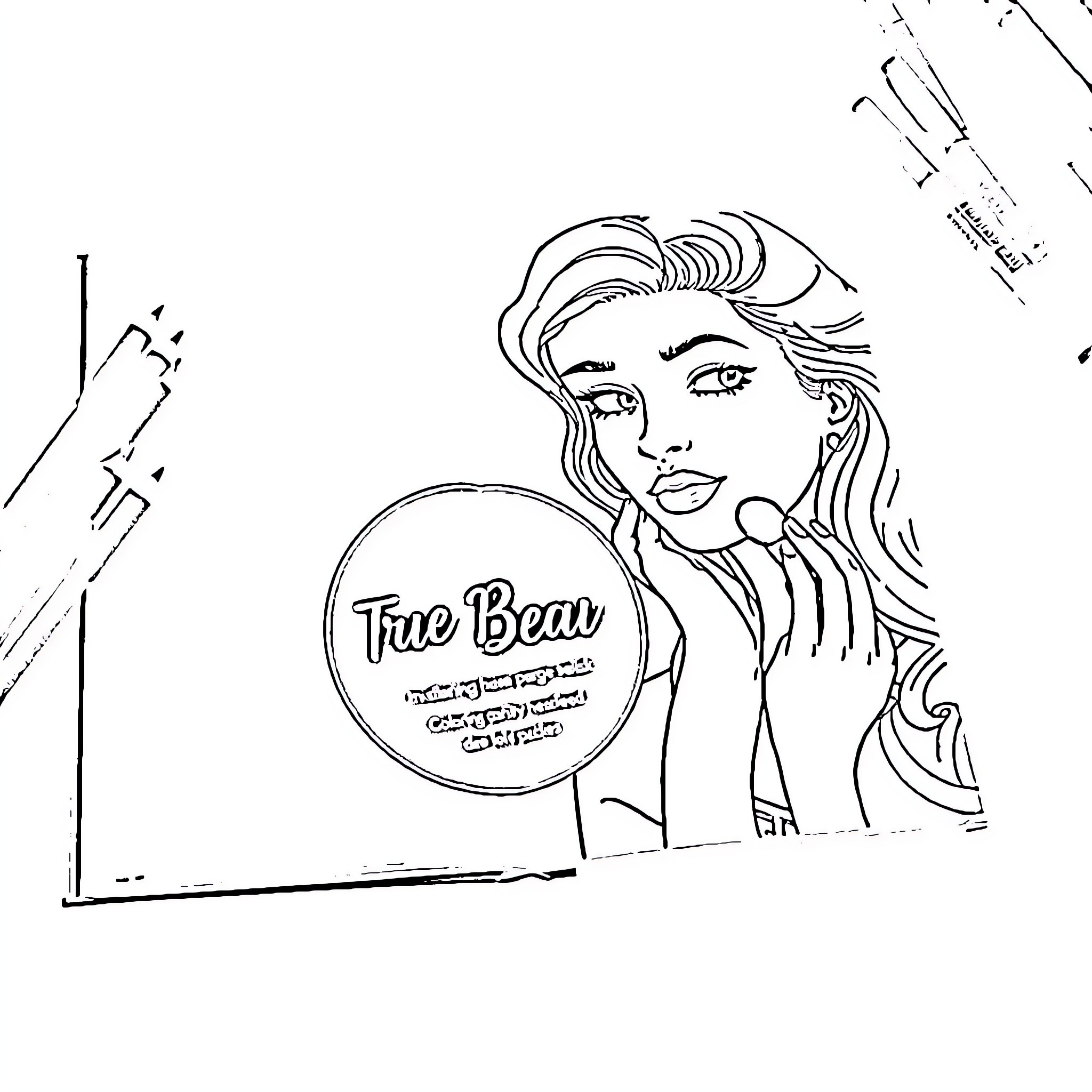 Book Cover with Woman's Stylized Portrait Coloring Page (free black-and-white line drawing printable PDF for all, from beginners to advanced learners, including children, teens, adults, and seniors)
