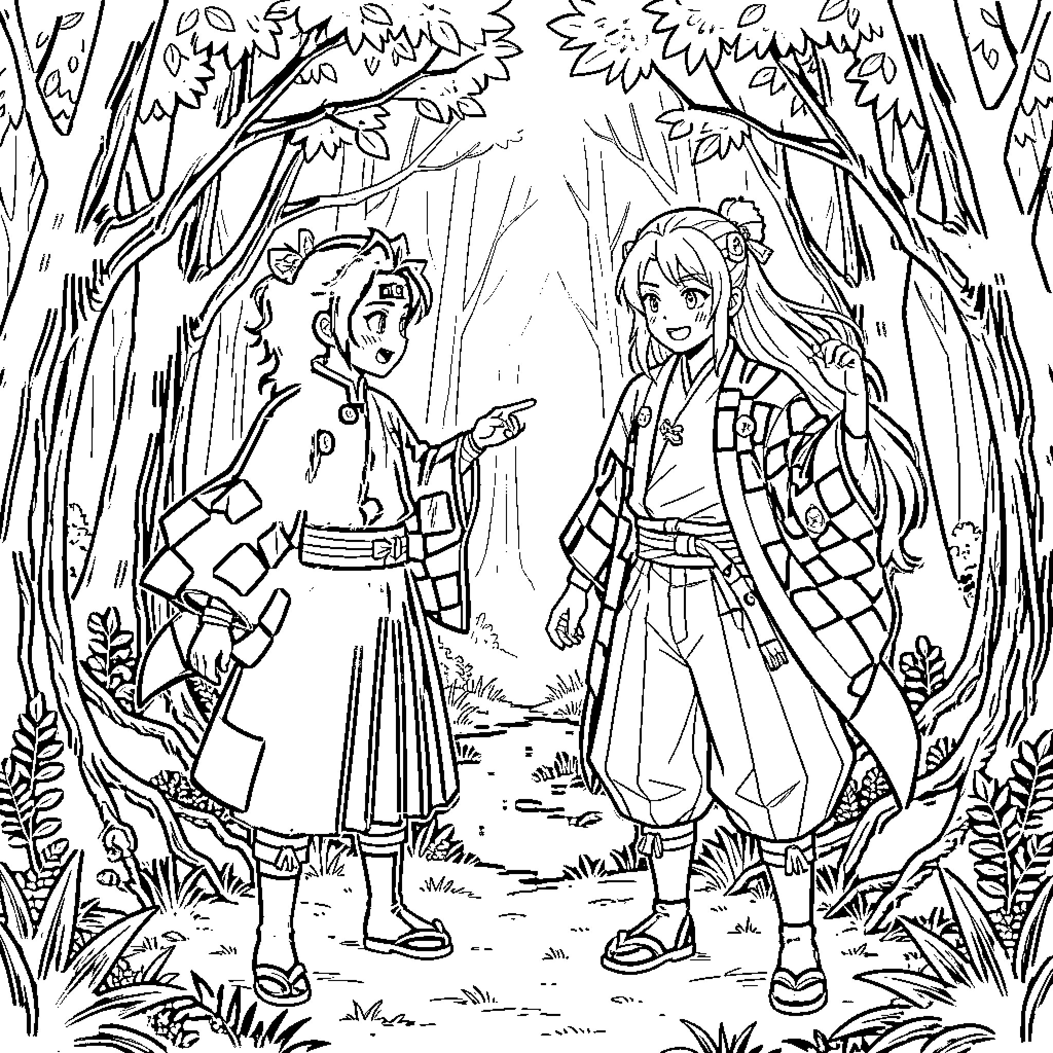 Doma characters standing and interacting in a forest Coloring Page (free black-and-white line drawing printable PDF for all, from beginners to advanced learners, including children, teens, adults, and seniors)
