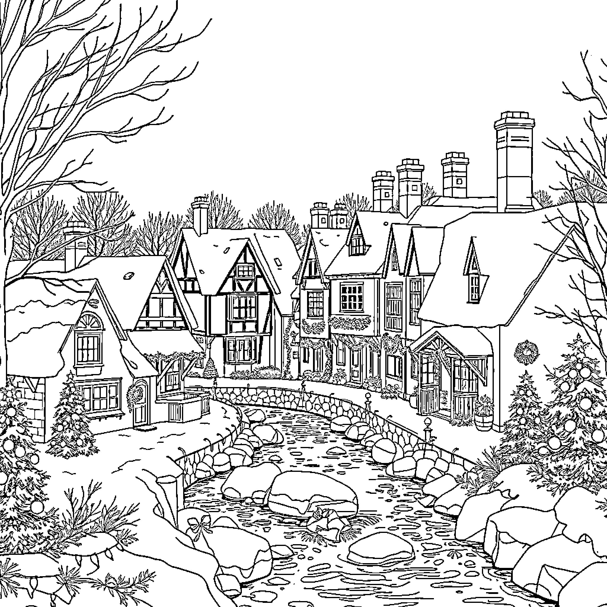 Town with cozy cottages and winding stream in winter Coloring Page (free black-and-white line drawing printable PDF for all, from beginners to advanced learners, including children, teens, adults, and seniors)