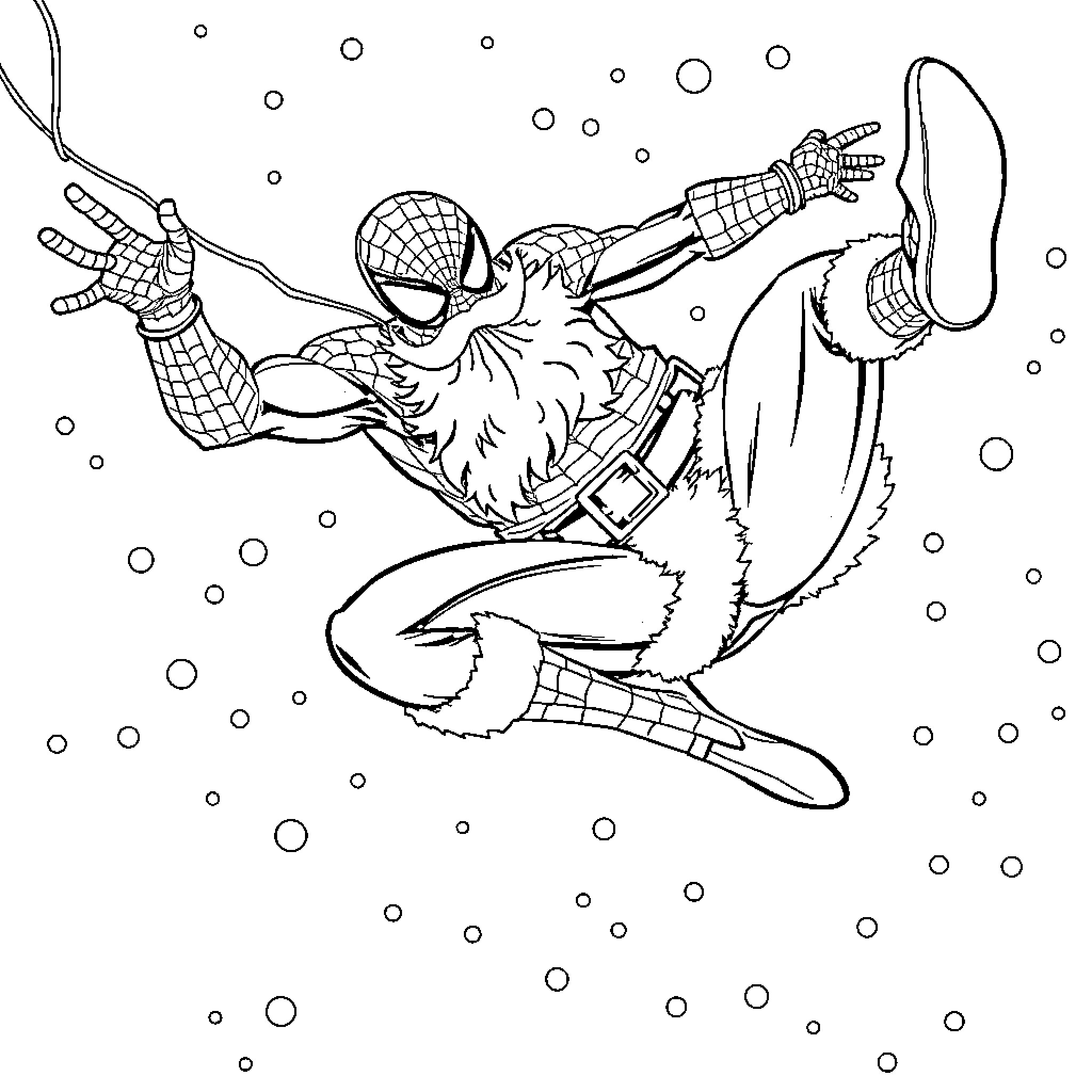 Spider-Man swinging through the city Coloring Page (free black-and-white line drawing printable PDF for all, from beginners to advanced learners, including children, teens, adults, and seniors)