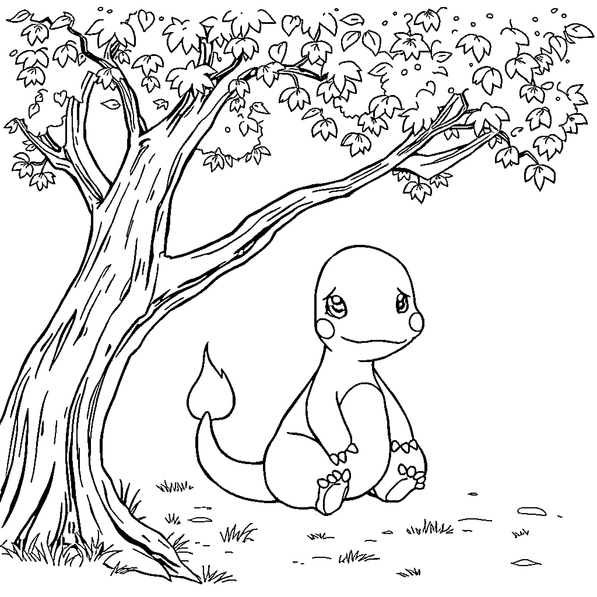 Charmander exploring the autumn forest Coloring Page (free black-and-white line drawing printable PDF for all, from beginners to advanced learners, including children, teens, adults, and seniors)