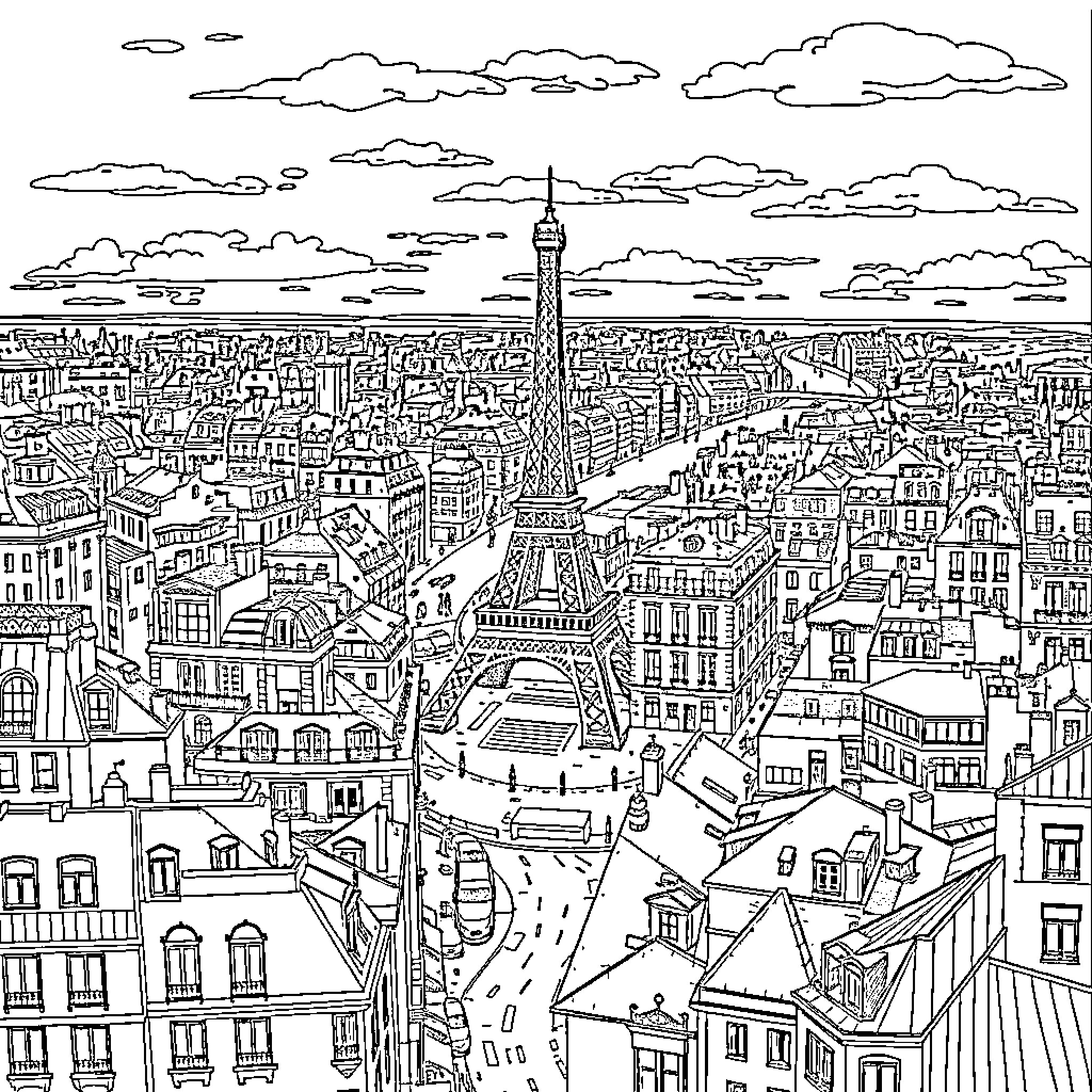 Paris cityscape with iconic Eiffel Tower Coloring Page (free black-and-white line drawing printable PDF for all, from beginners to advanced learners, including children, teens, adults, and seniors)