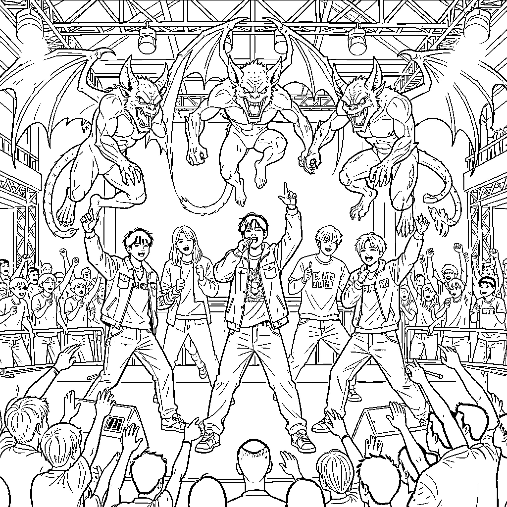 Kpop idols performing on stage with gargoyle creatures Coloring Page (free black-and-white line drawing printable PDF for all, from beginners to advanced learners, including children, teens, adults, and seniors)