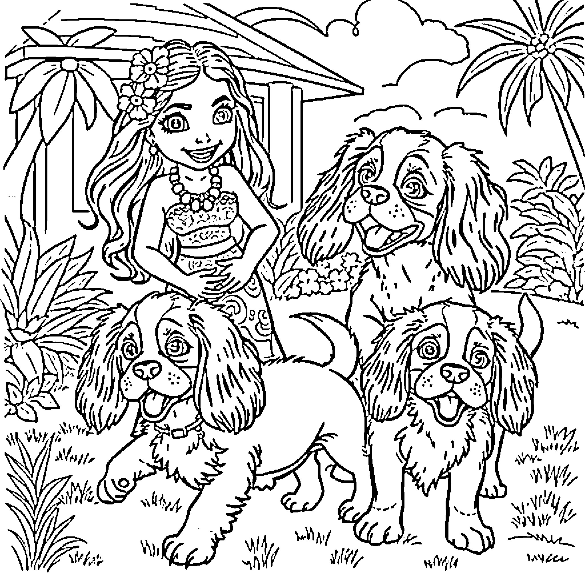 Moana playing with her dog companions in the island paradise Coloring Page (free black-and-white line drawing printable PDF for all, from beginners to advanced learners, including children, teens, adults, and seniors)