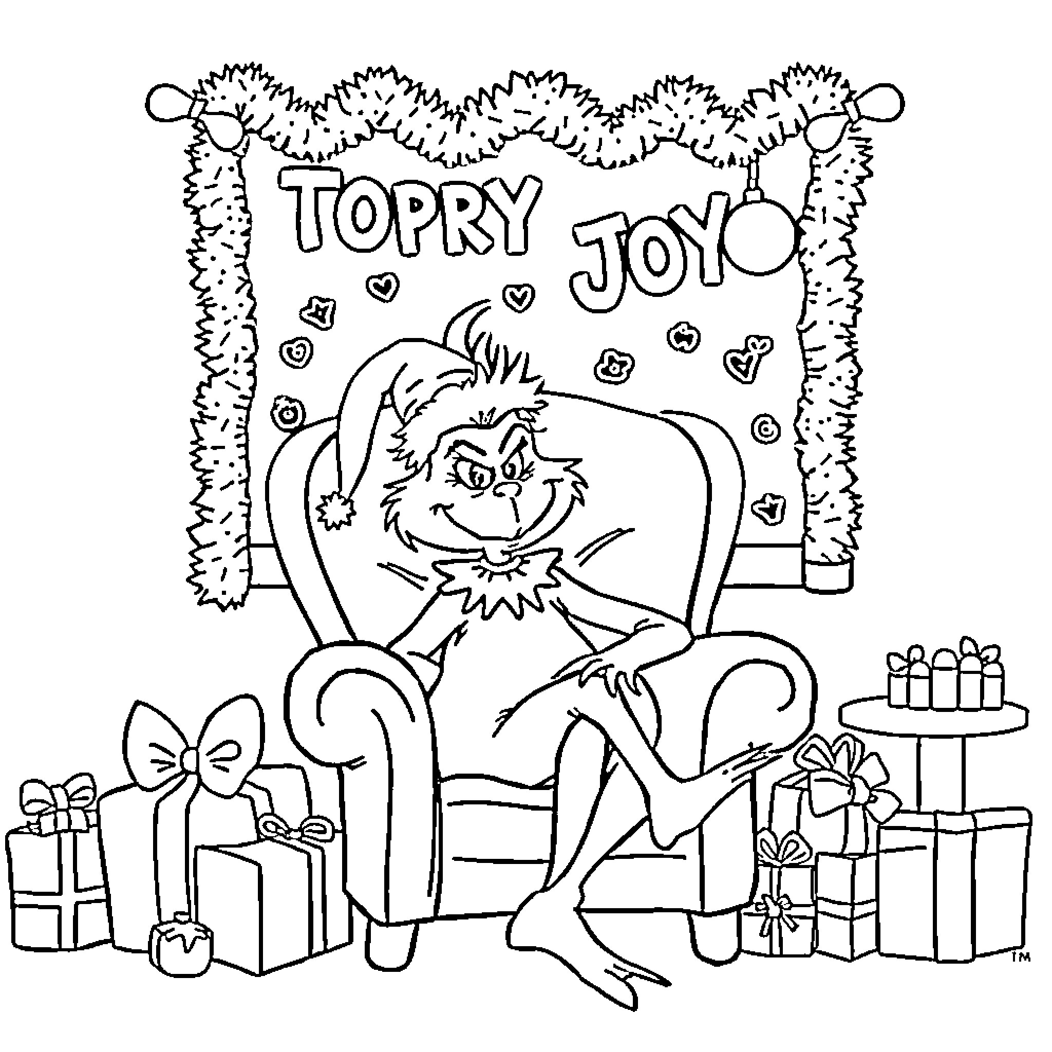Grinch enjoying a joyful holiday party Coloring Page (free black-and-white line drawing printable PDF for all, from beginners to advanced learners, including children, teens, adults, and seniors)