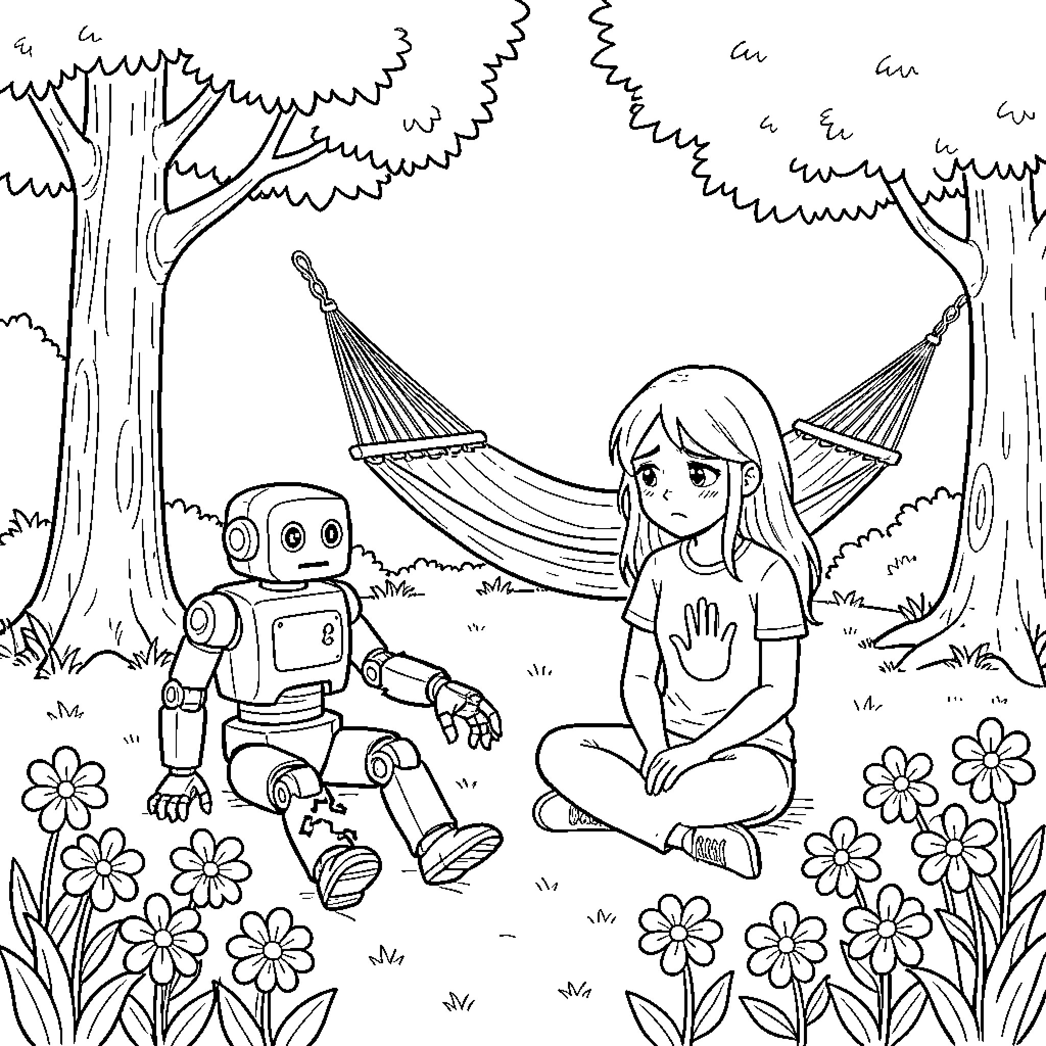 Girl relaxing in nature with robot companion Coloring Page (free black-and-white line drawing printable PDF for all, from beginners to advanced learners, including children, teens, adults, and seniors)