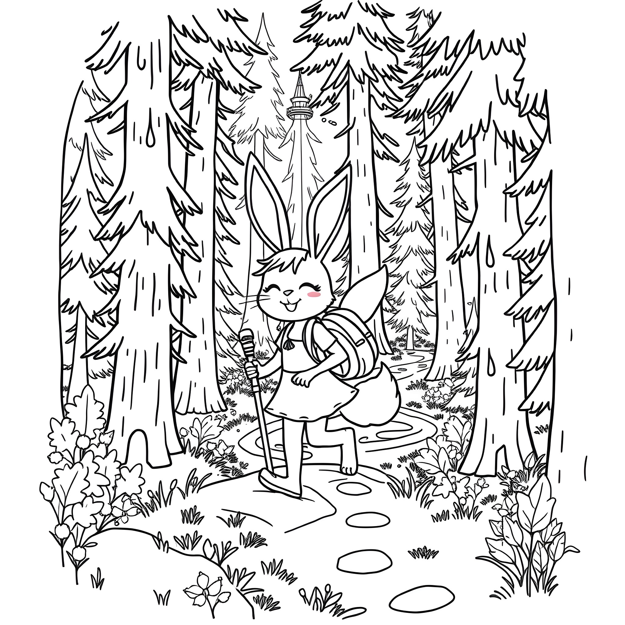 Bunny hiking happily through the forest Coloring Page (free black-and-white line drawing printable PDF for all, from beginners to advanced learners, including children, teens, adults, and seniors)