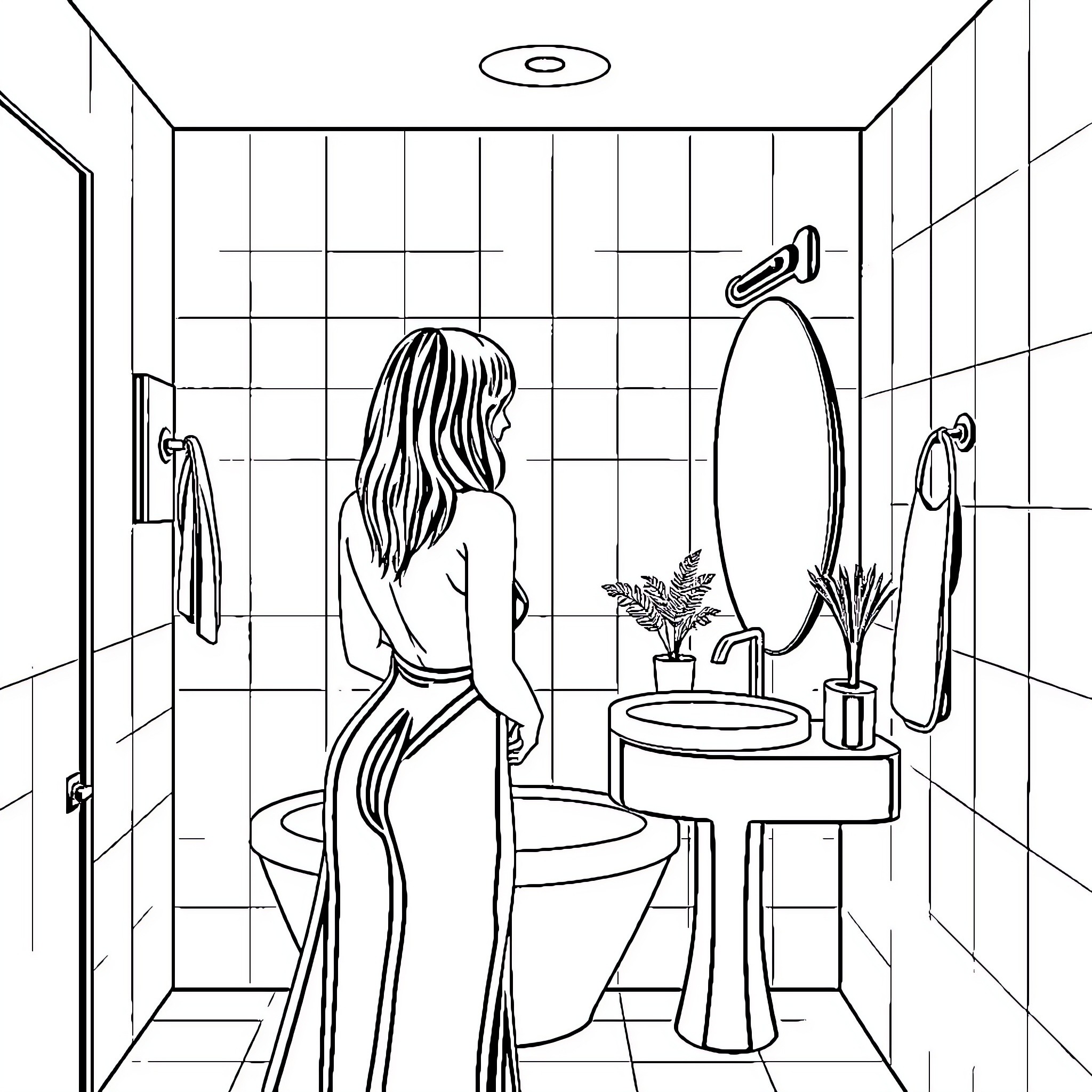 Woman in bathroom, preparing for the day Coloring Page (free black-and-white line drawing printable PDF for all, from beginners to advanced learners, including children, teens, adults, and seniors)