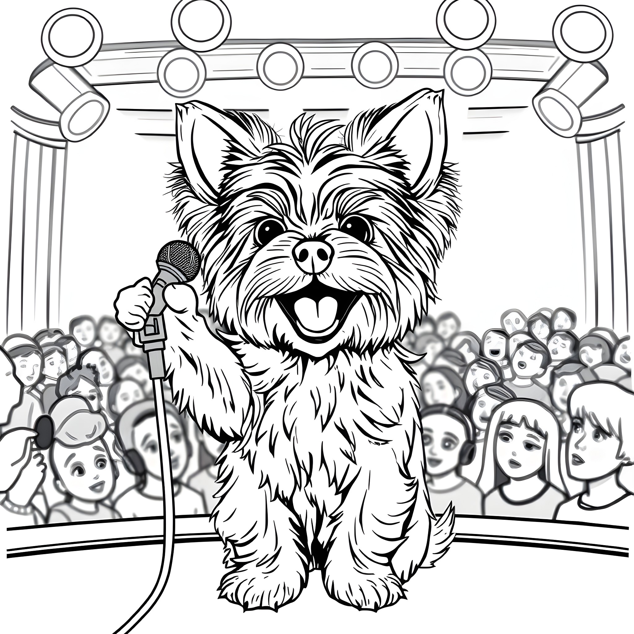 Yorkie performing on stage for a crowd Coloring Page (free black-and-white line drawing printable PDF for all, from beginners to advanced learners, including children, teens, adults, and seniors)