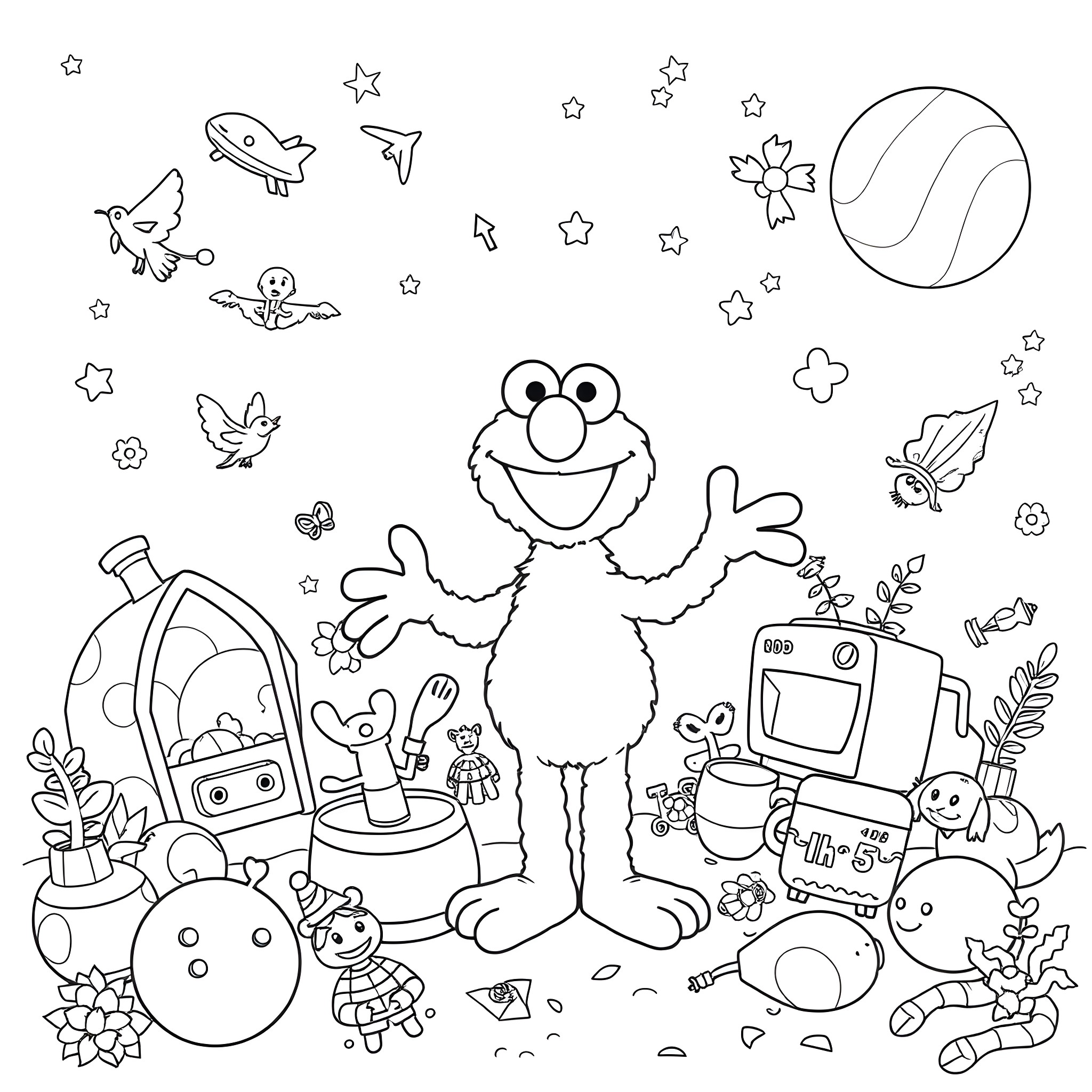 Elmo's Playful Adventure with Colorful Friends Coloring Page (free black-and-white line drawing printable PDF for all, from beginners to advanced learners, including children, teens, adults, and seniors)