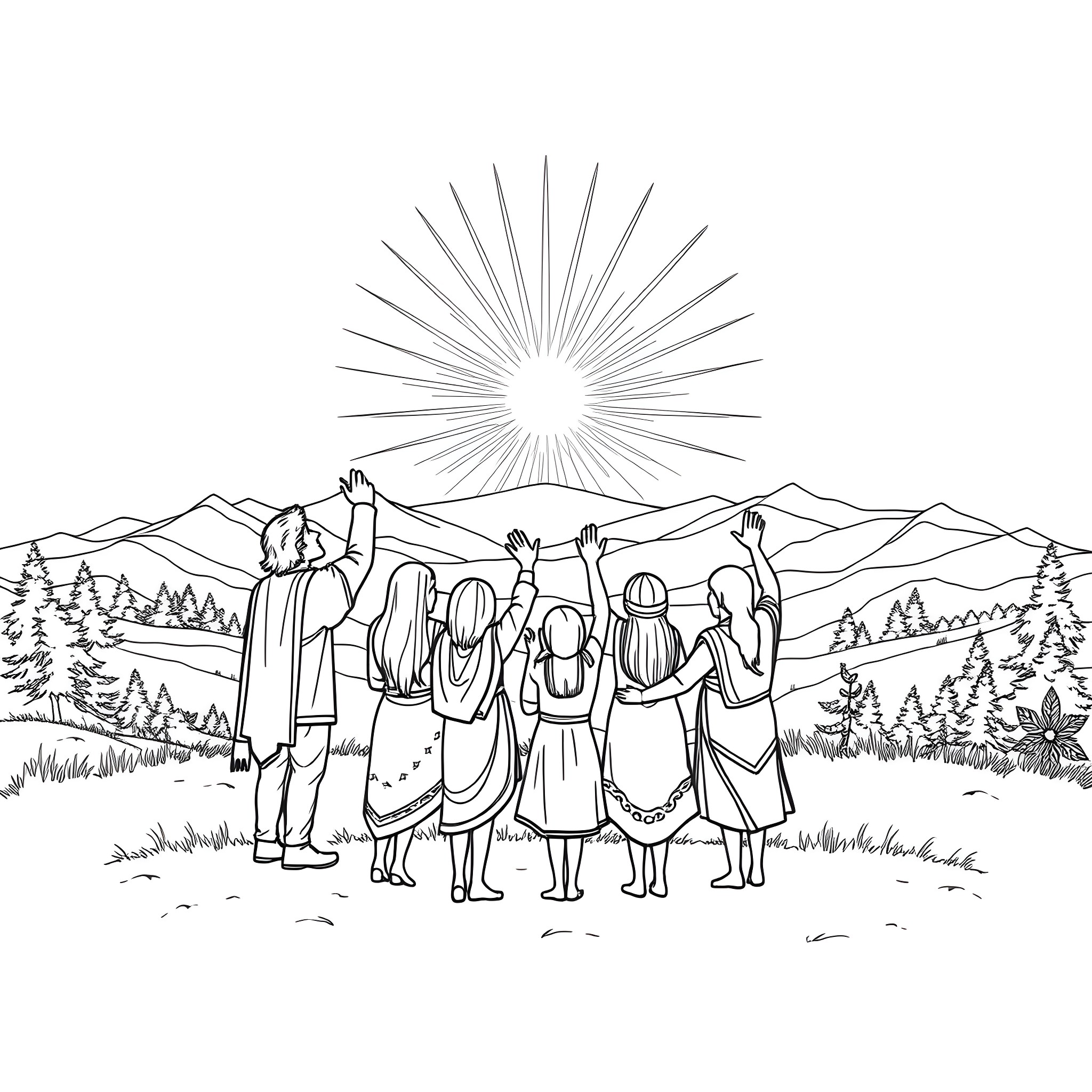 Spirit of community in the mountains Coloring Page (free black-and-white line drawing printable PDF for all, from beginners to advanced learners, including children, teens, adults, and seniors)