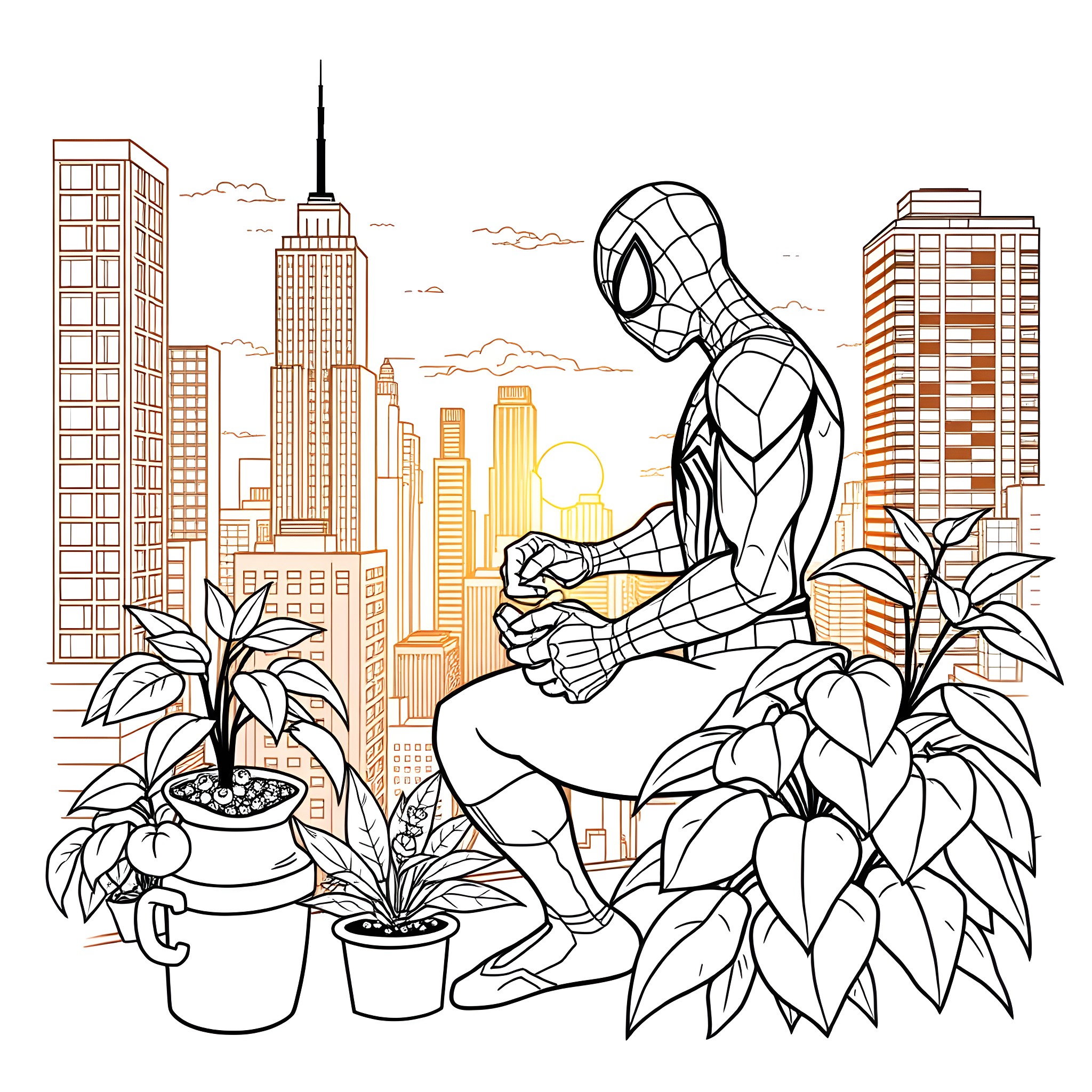 Spider-Man in a Vibrant City Landscape Coloring Page (free black-and-white line drawing printable PDF for all, from beginners to advanced learners, including children, teens, adults, and seniors)