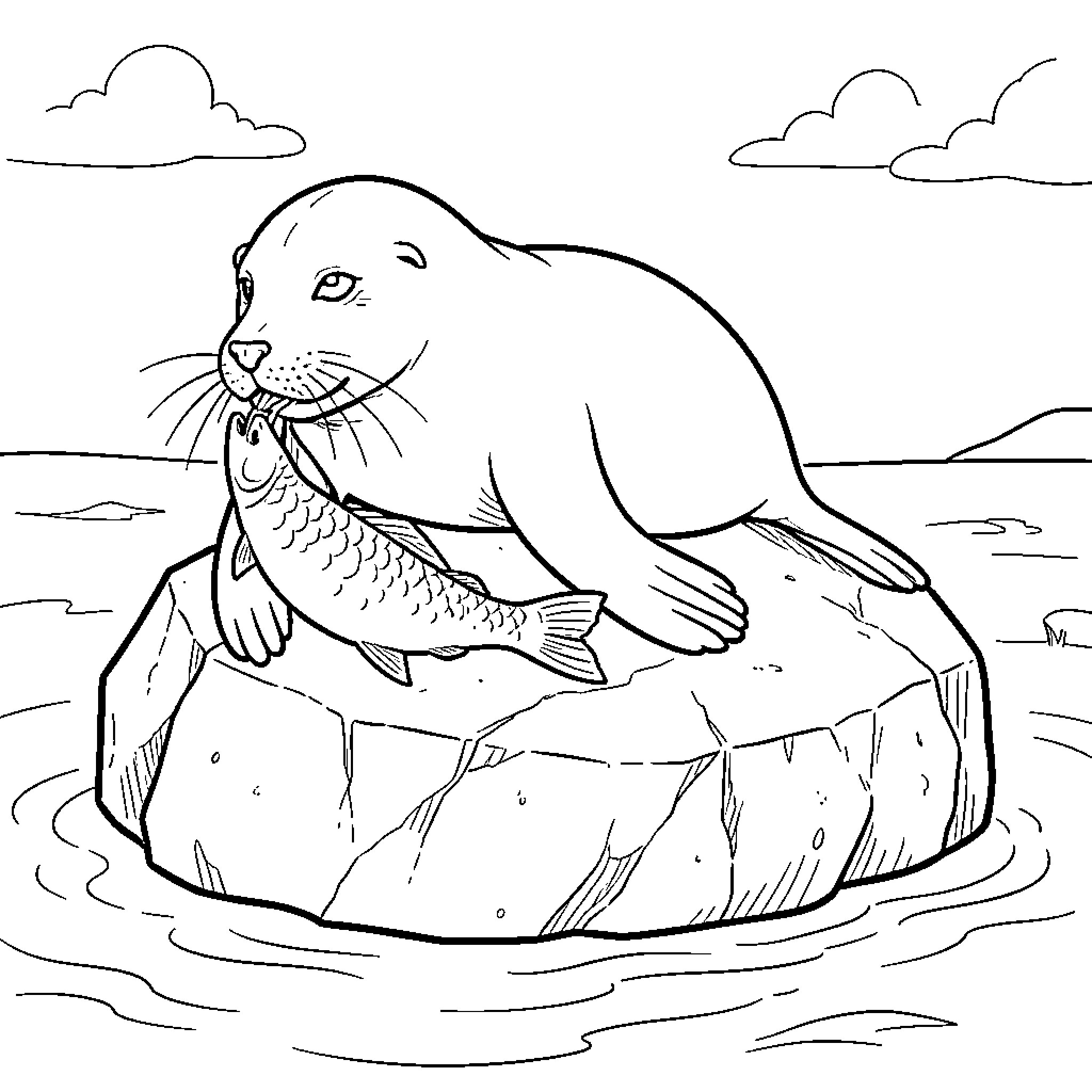 Seal eating a fish while resting on a rock Coloring Page (free black-and-white line drawing printable PDF for all, from beginners to advanced learners, including children, teens, adults, and seniors)