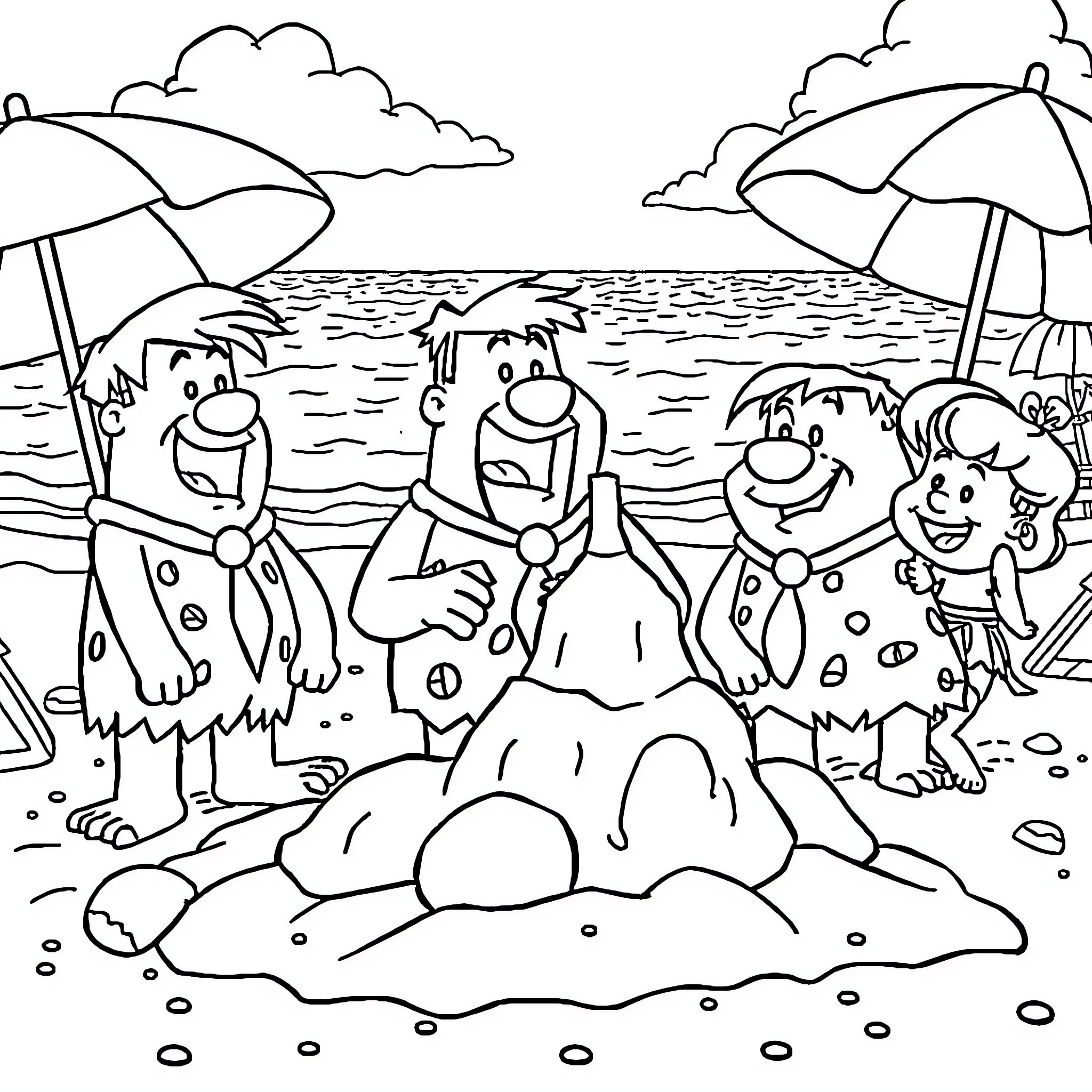 Flintstones enjoying a day at the beach Coloring Page (free black-and-white line drawing printable PDF for all, from beginners to advanced learners, including children, teens, adults, and seniors)
