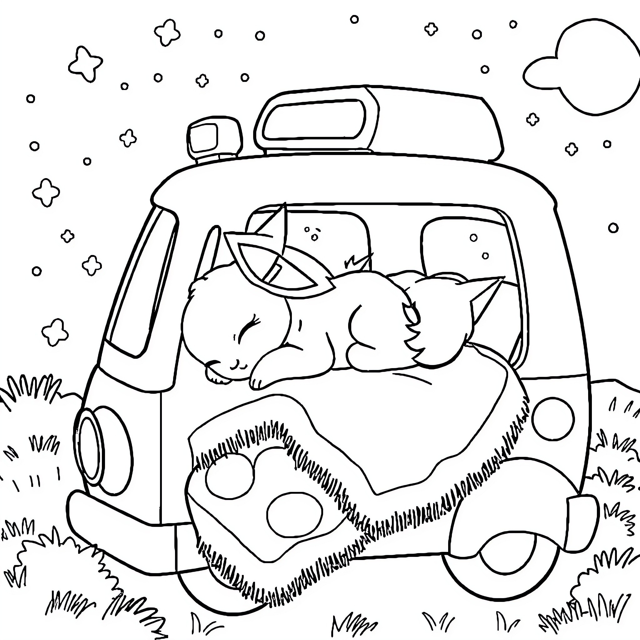 Evoli sleeping peacefully in a cozy car Coloring Page (free black-and-white line drawing printable PDF for all, from beginners to advanced learners, including children, teens, adults, and seniors)