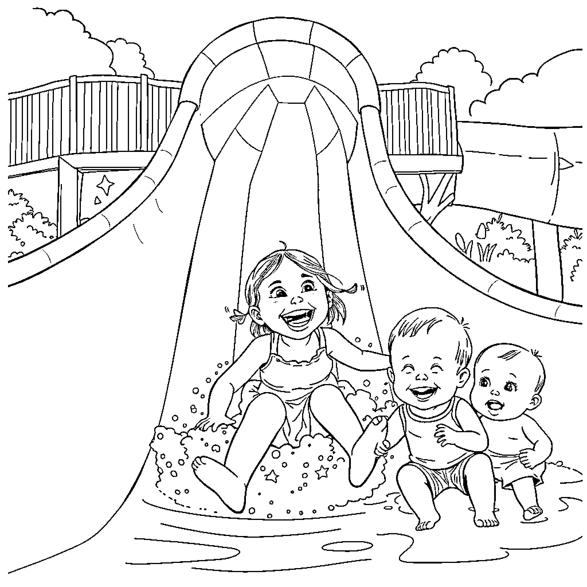 Girl playing with friends on water slide Coloring Page (free black-and-white line drawing printable PDF for all, from beginners to advanced learners, including children, teens, adults, and seniors)