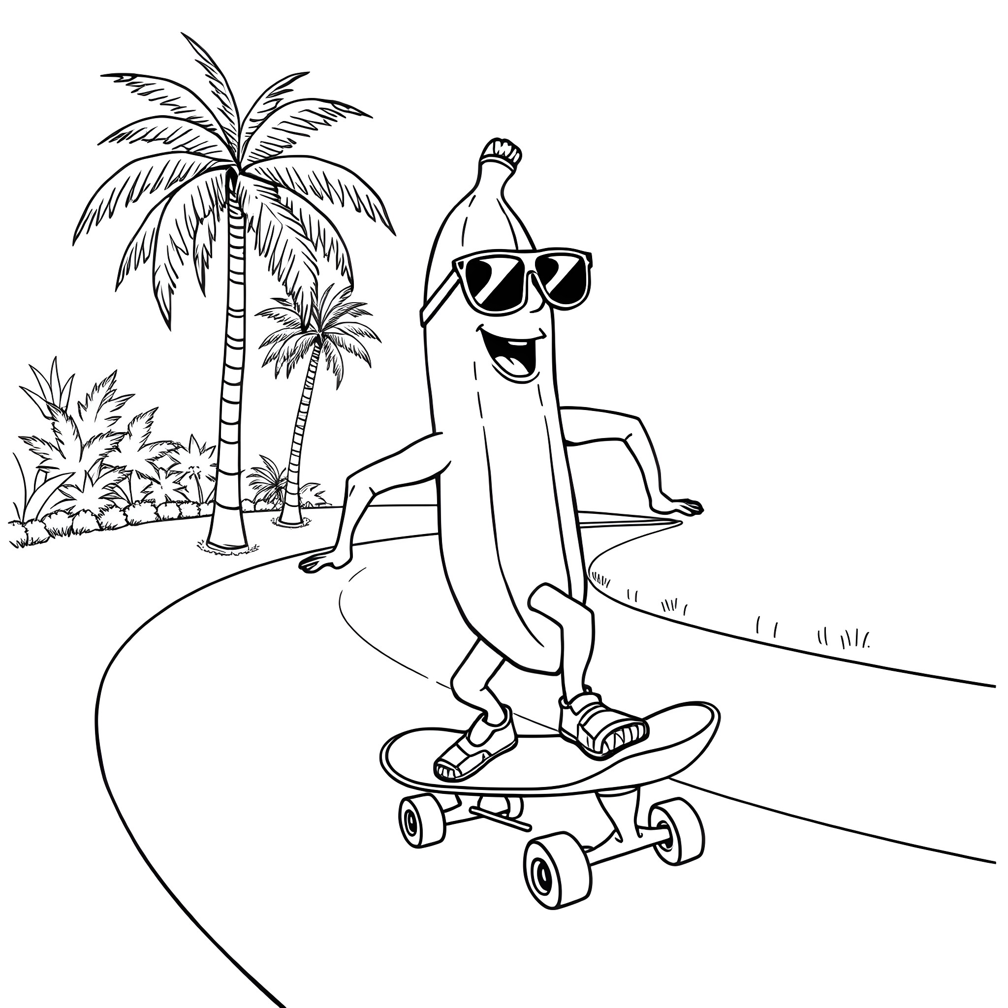 Banana character skateboarding on tropical beach Coloring Page (free black-and-white line drawing printable PDF for all, from beginners to advanced learners, including children, teens, adults, and seniors)