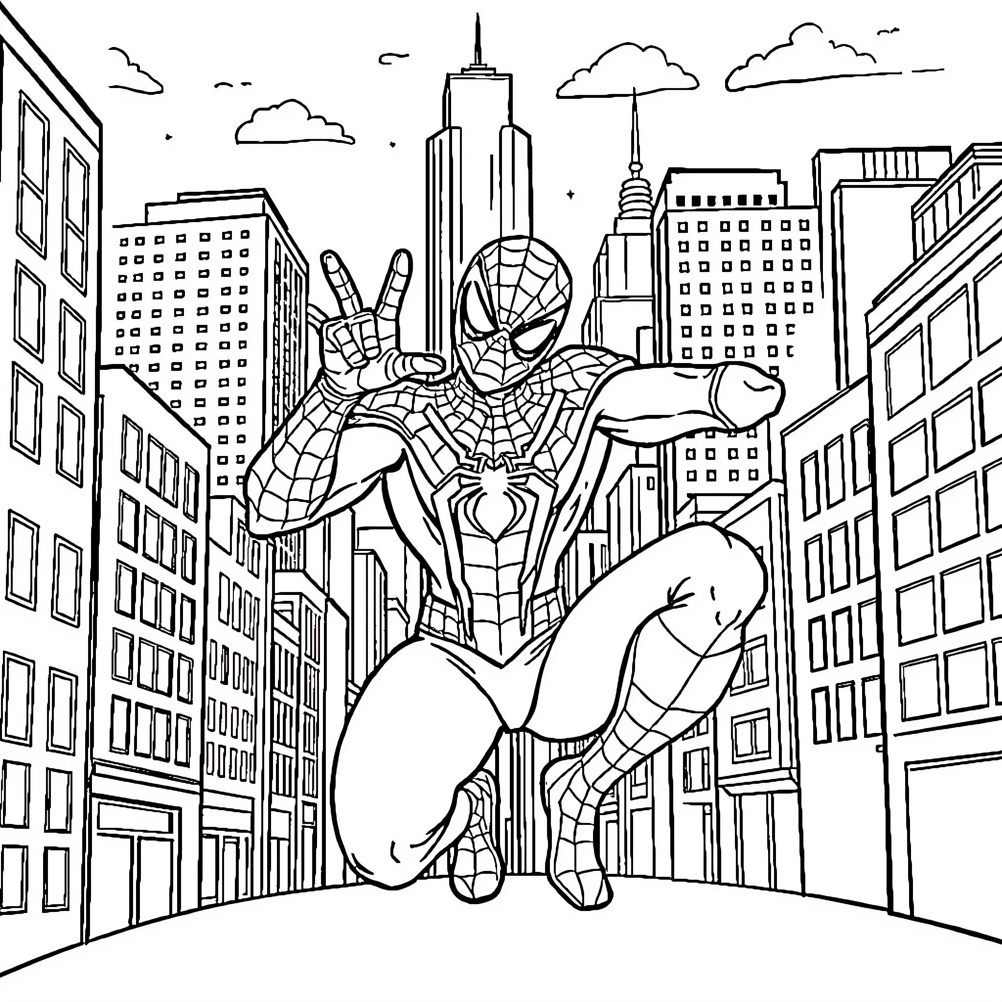 Spiderman swinging through the city with webbing Coloring Page (free black-and-white line drawing printable PDF for all, from beginners to advanced learners, including children, teens, adults, and seniors)