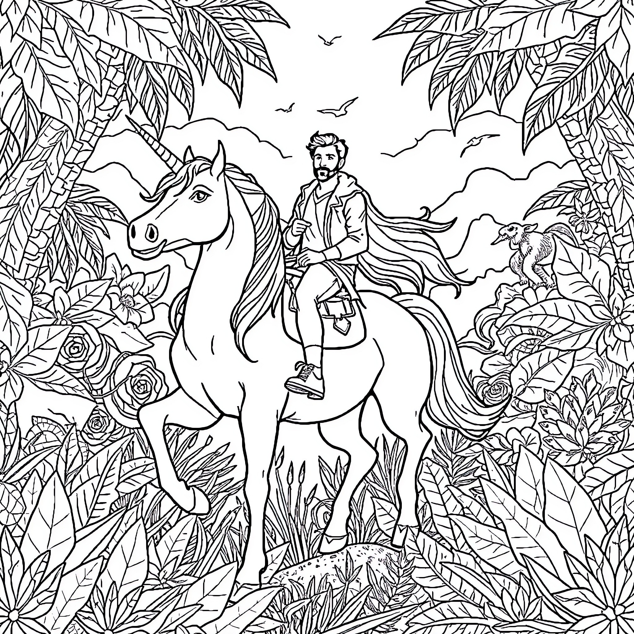 Unicorn Adventure in the Enchanted Forest Coloring Page (free black-and-white line drawing printable PDF for all, from beginners to advanced learners, including children, teens, adults, and seniors)