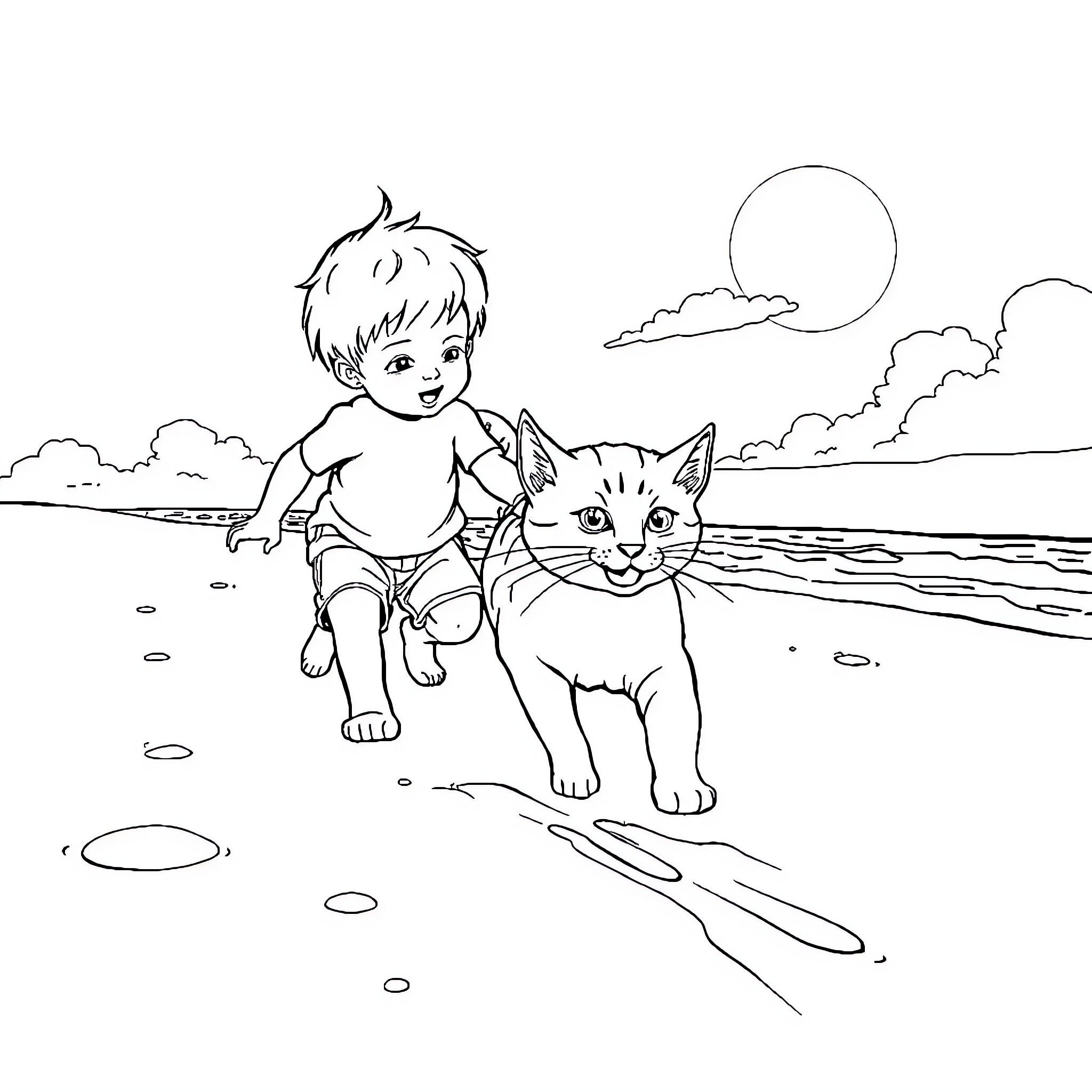 Cat and child playing by the beach Coloring Page (free black-and-white line drawing printable PDF for all, from beginners to advanced learners, including children, teens, adults, and seniors)