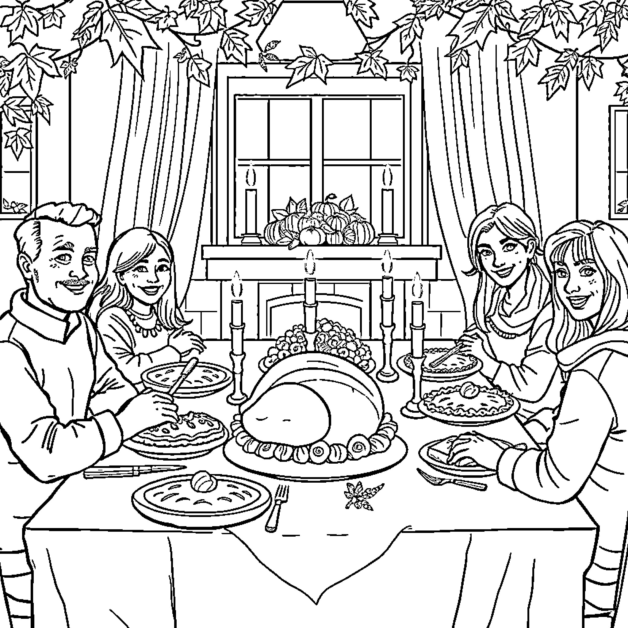 Thanksgiving Family Gathering with Traditional Feast Coloring Page (free black-and-white line drawing printable PDF for all, from beginners to advanced learners, including children, teens, adults, and seniors)