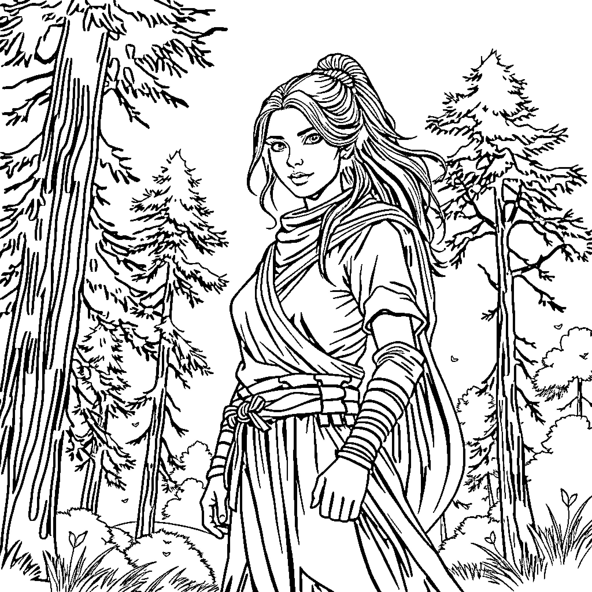 Warrior woman standing in the forest Coloring Page (free black-and-white line drawing printable PDF for all, from beginners to advanced learners, including children, teens, adults, and seniors)