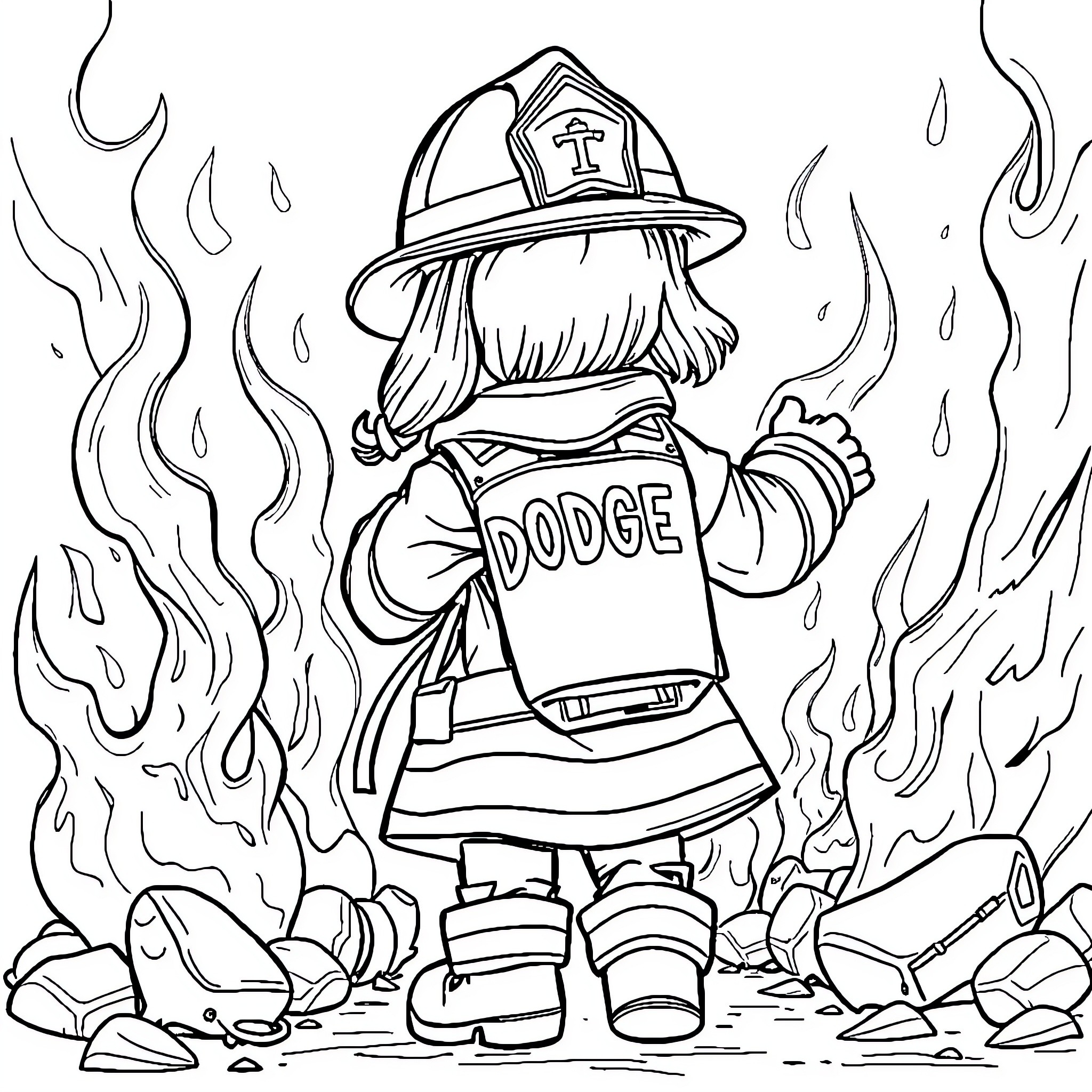 Firefighter battling blazing flames with determination Coloring Page (free black-and-white line drawing printable PDF for all, from beginners to advanced learners, including children, teens, adults, and seniors)