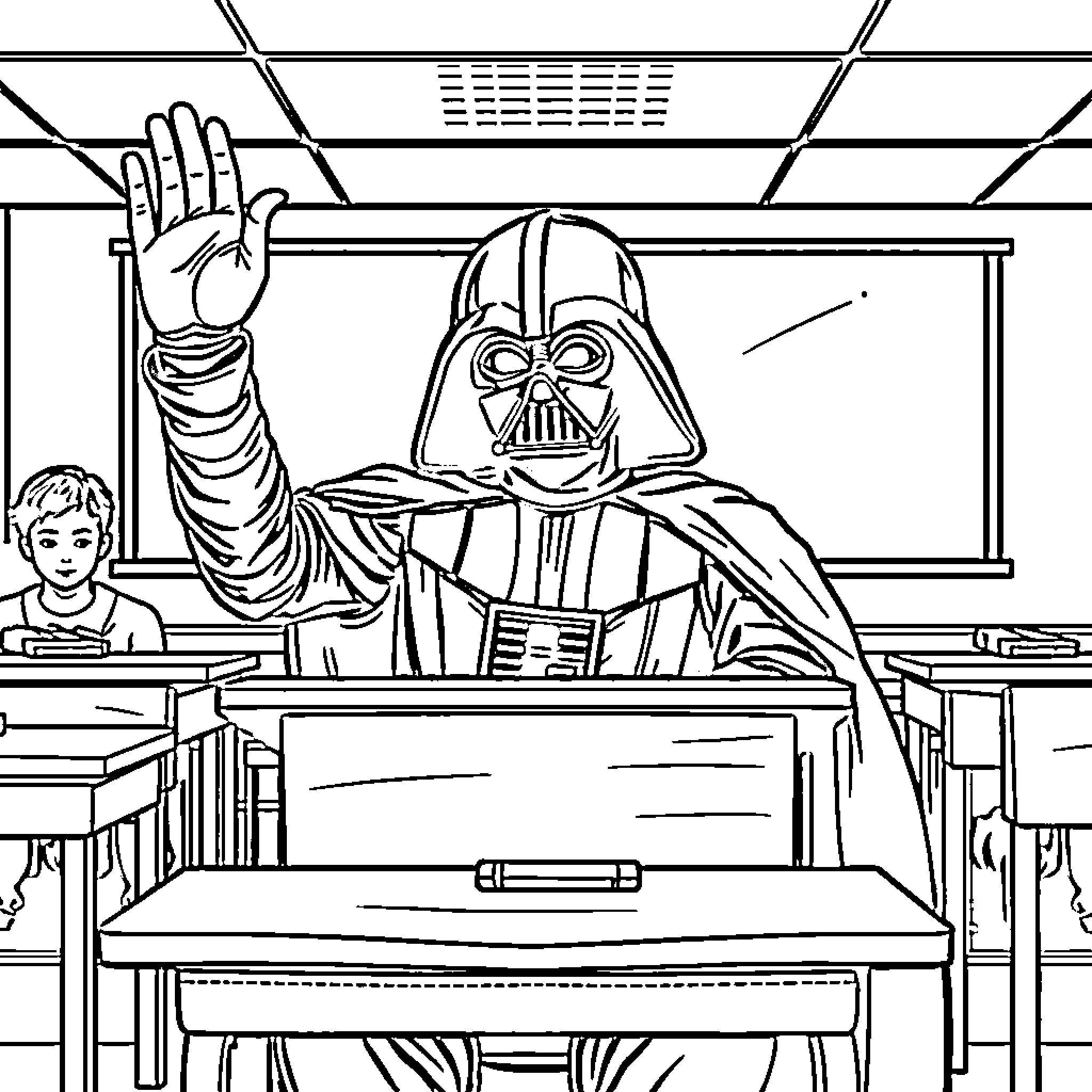 Darth Vader Lectures Attentive Students in Classroom Coloring Page (free black-and-white line drawing printable PDF for all, from beginners to advanced learners, including children, teens, adults, and seniors)