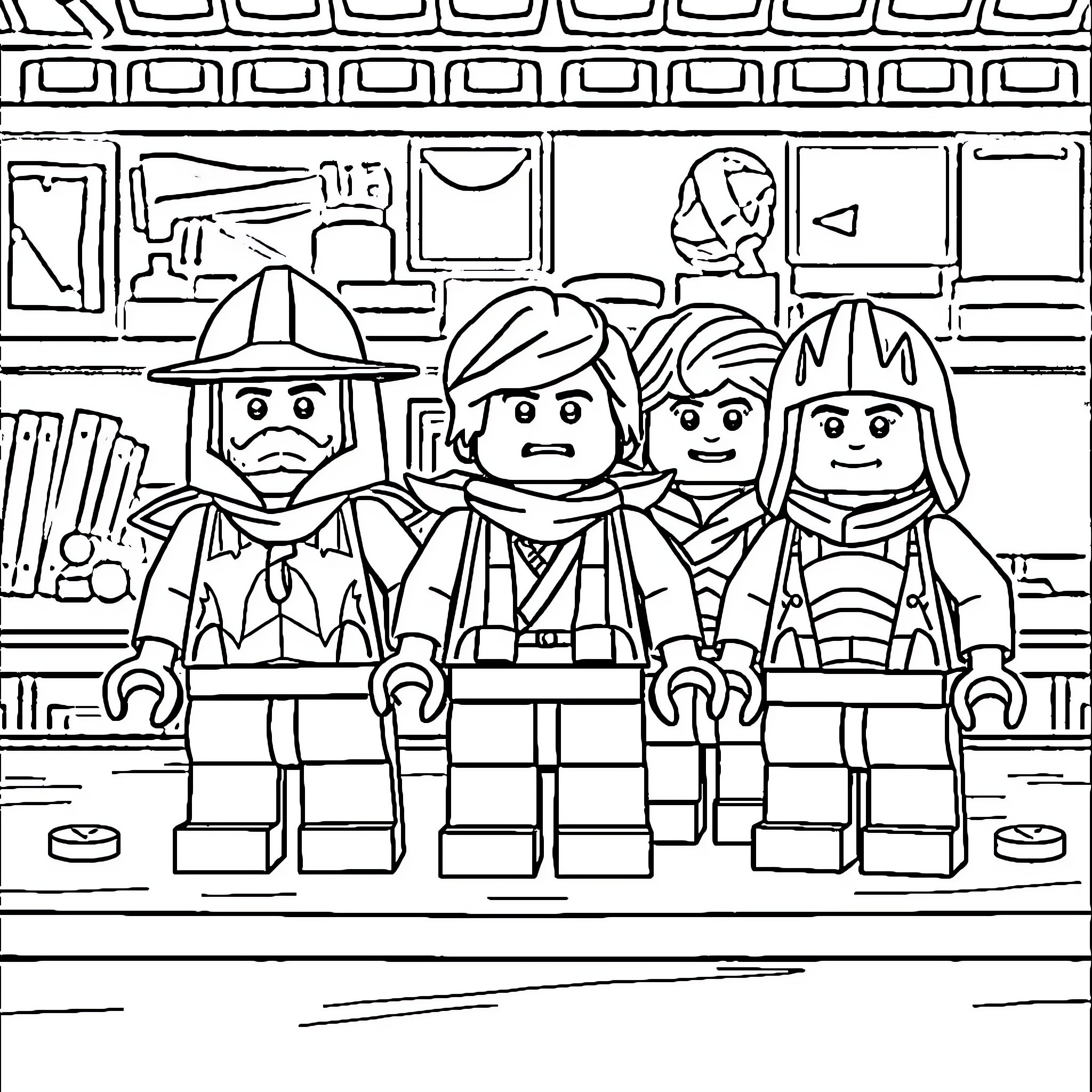 LEGO Minifigure Adventure Team Exploring a Base Coloring Page (free black-and-white line drawing printable PDF for all, from beginners to advanced learners, including children, teens, adults, and seniors)