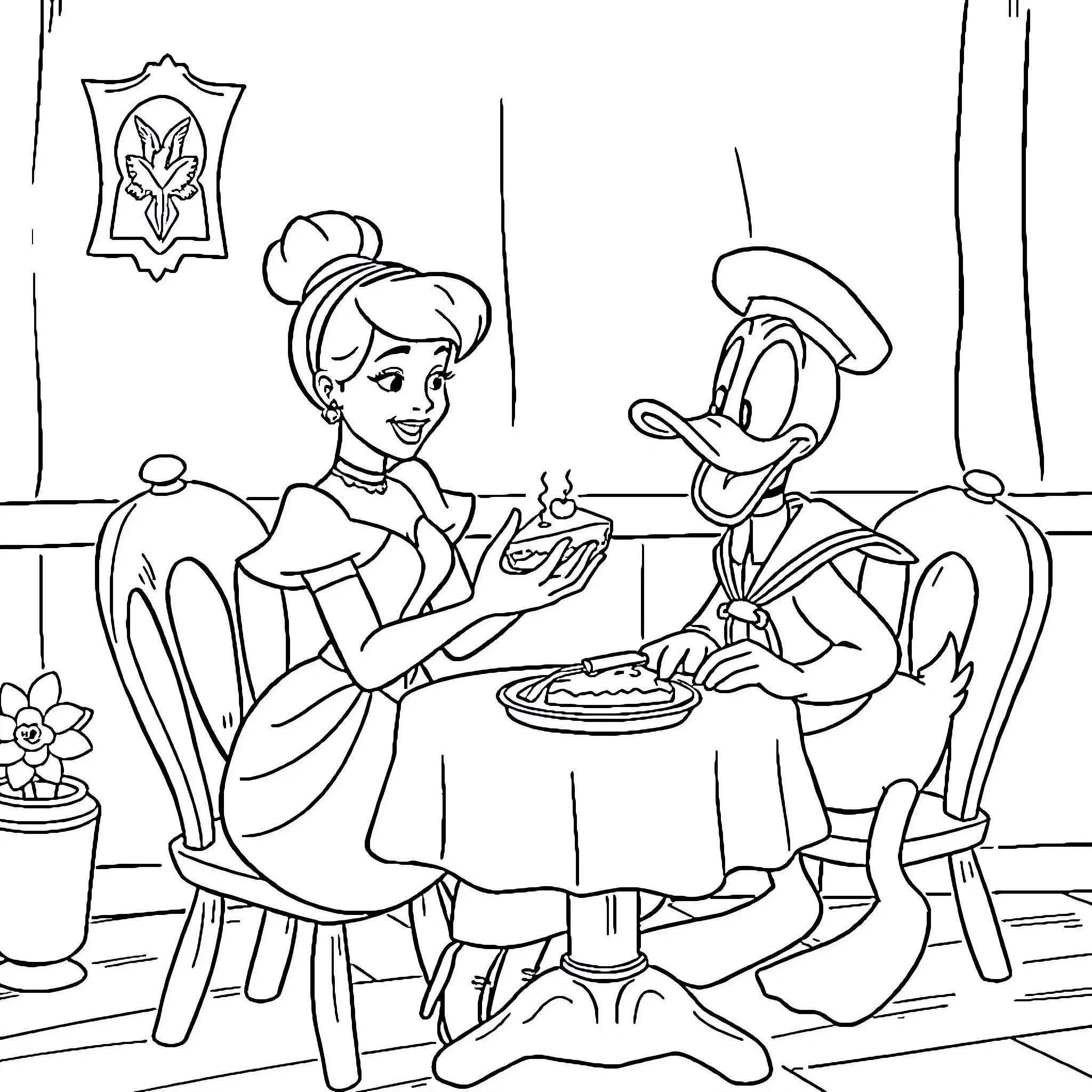 Cinderella having tea with Donald Duck Coloring Page (free black-and-white line drawing printable PDF for all, from beginners to advanced learners, including children, teens, adults, and seniors)