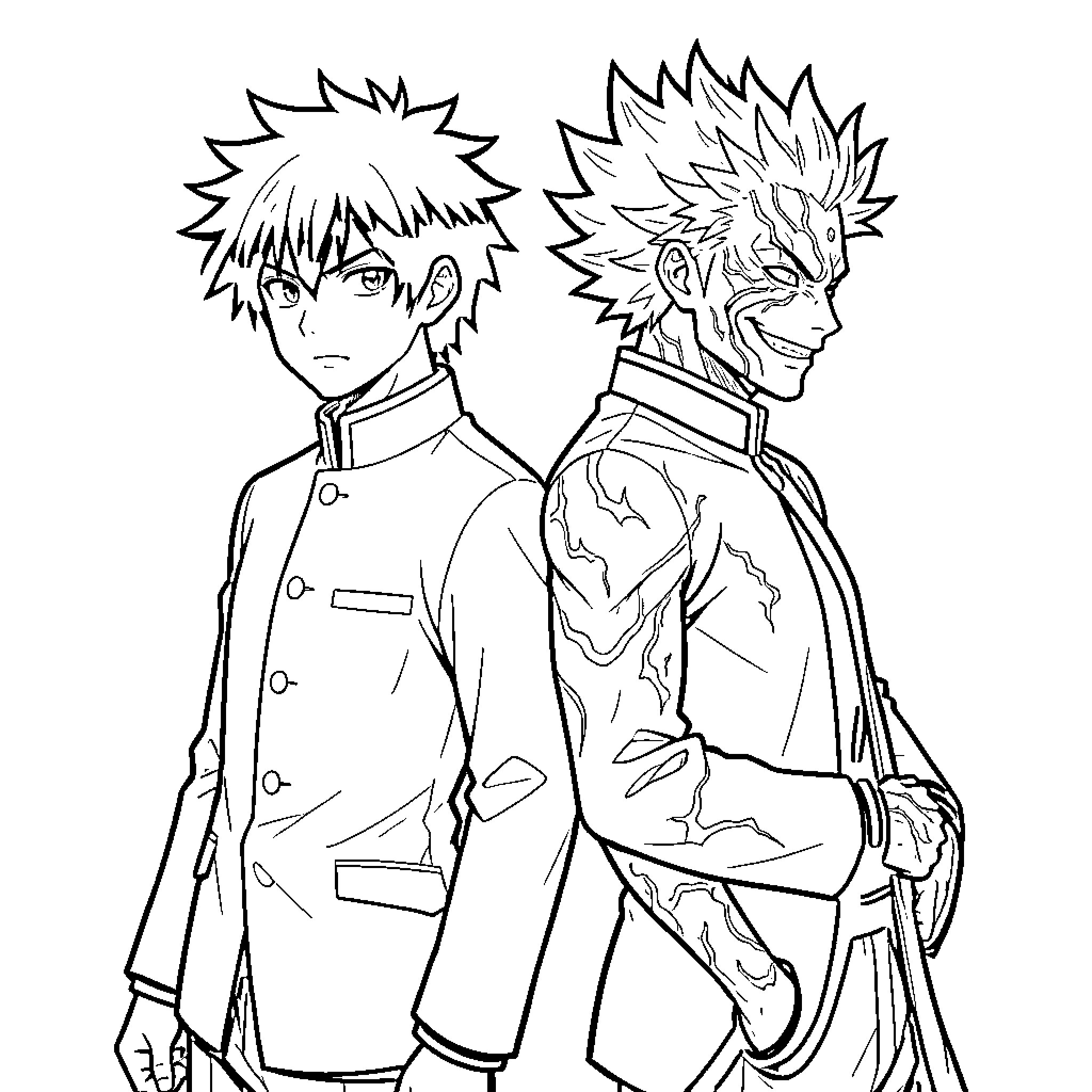 Yuji Itadori in action-packed scenes with companion Coloring Page (free black-and-white line drawing printable PDF for all, from beginners to advanced learners, including children, teens, adults, and seniors)