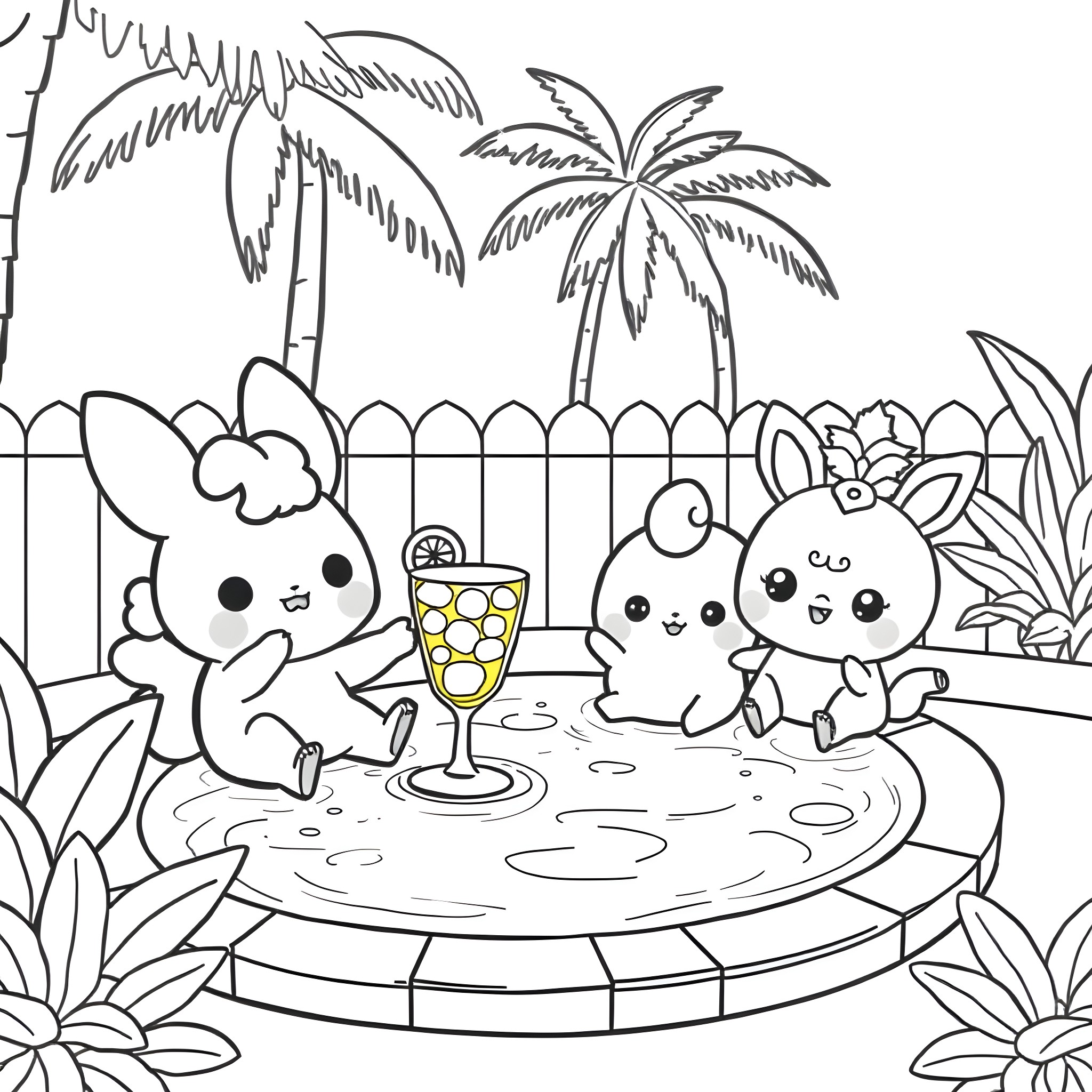 Cinnamoroll enjoying a summer day with friends Coloring Page (free black-and-white line drawing printable PDF for all, from beginners to advanced learners, including children, teens, adults, and seniors)