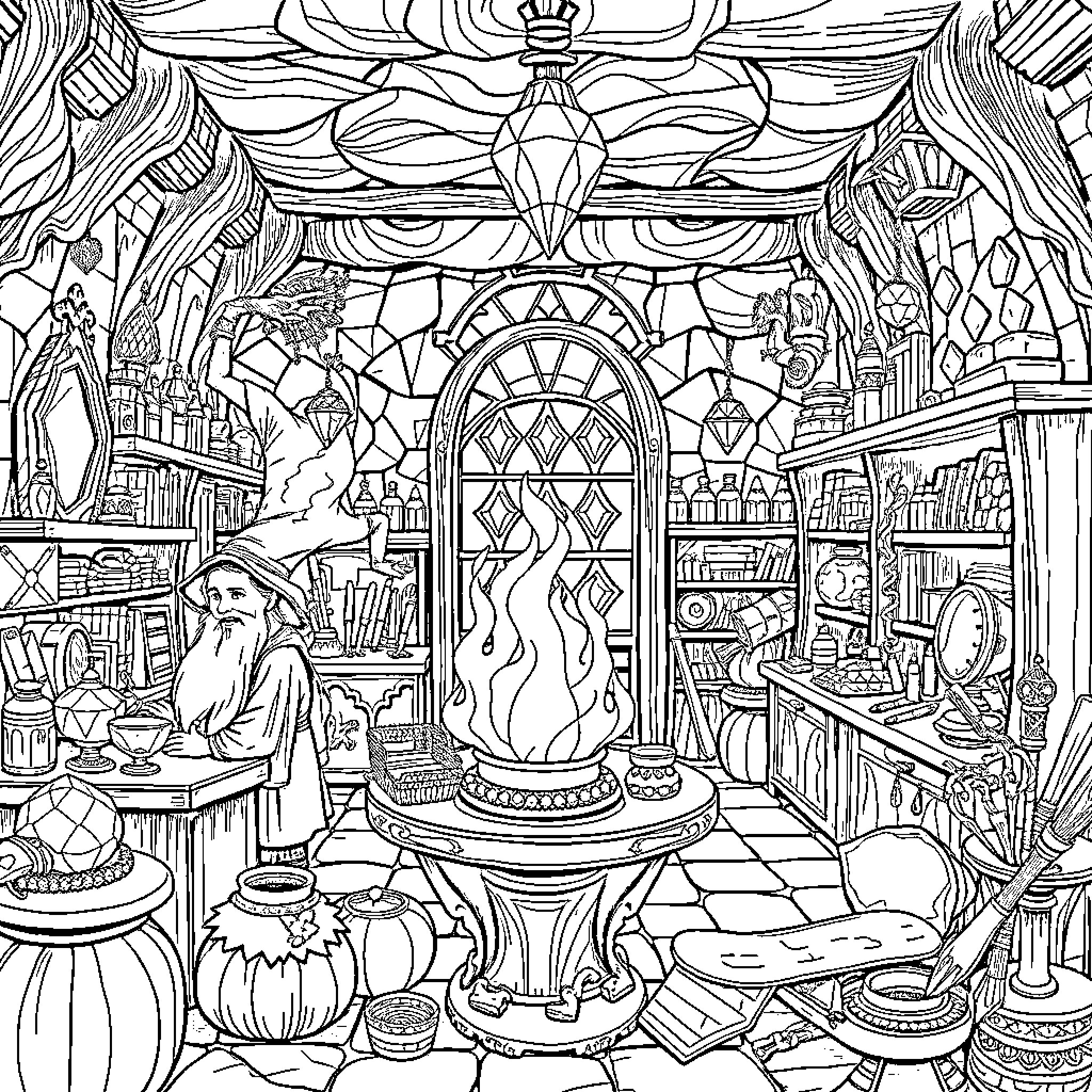 Jewelry Wizard's Magical Workroom Coloring Page (free black-and-white line drawing printable PDF for all, from beginners to advanced learners, including children, teens, adults, and seniors)