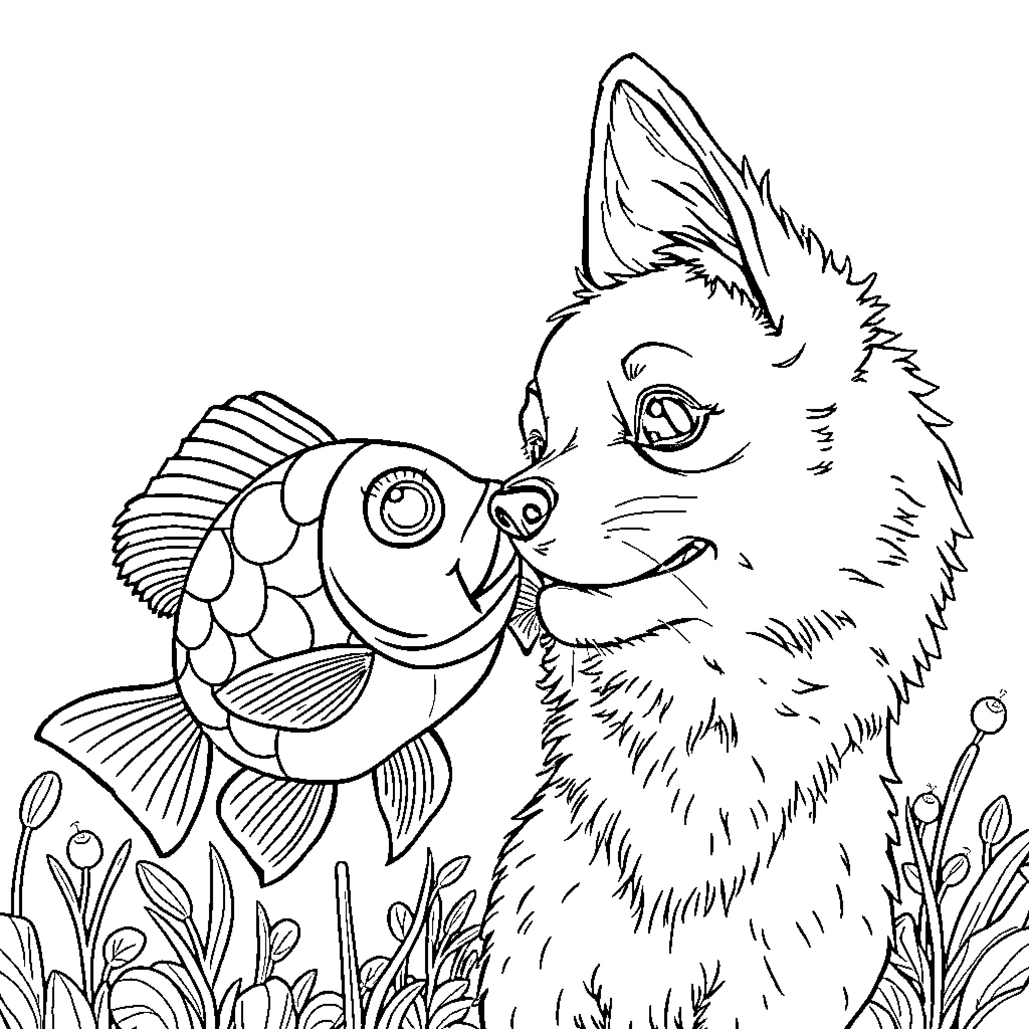 Fish and furry friend explore underwater scene Coloring Page (free black-and-white line drawing printable PDF for all, from beginners to advanced learners, including children, teens, adults, and seniors)
