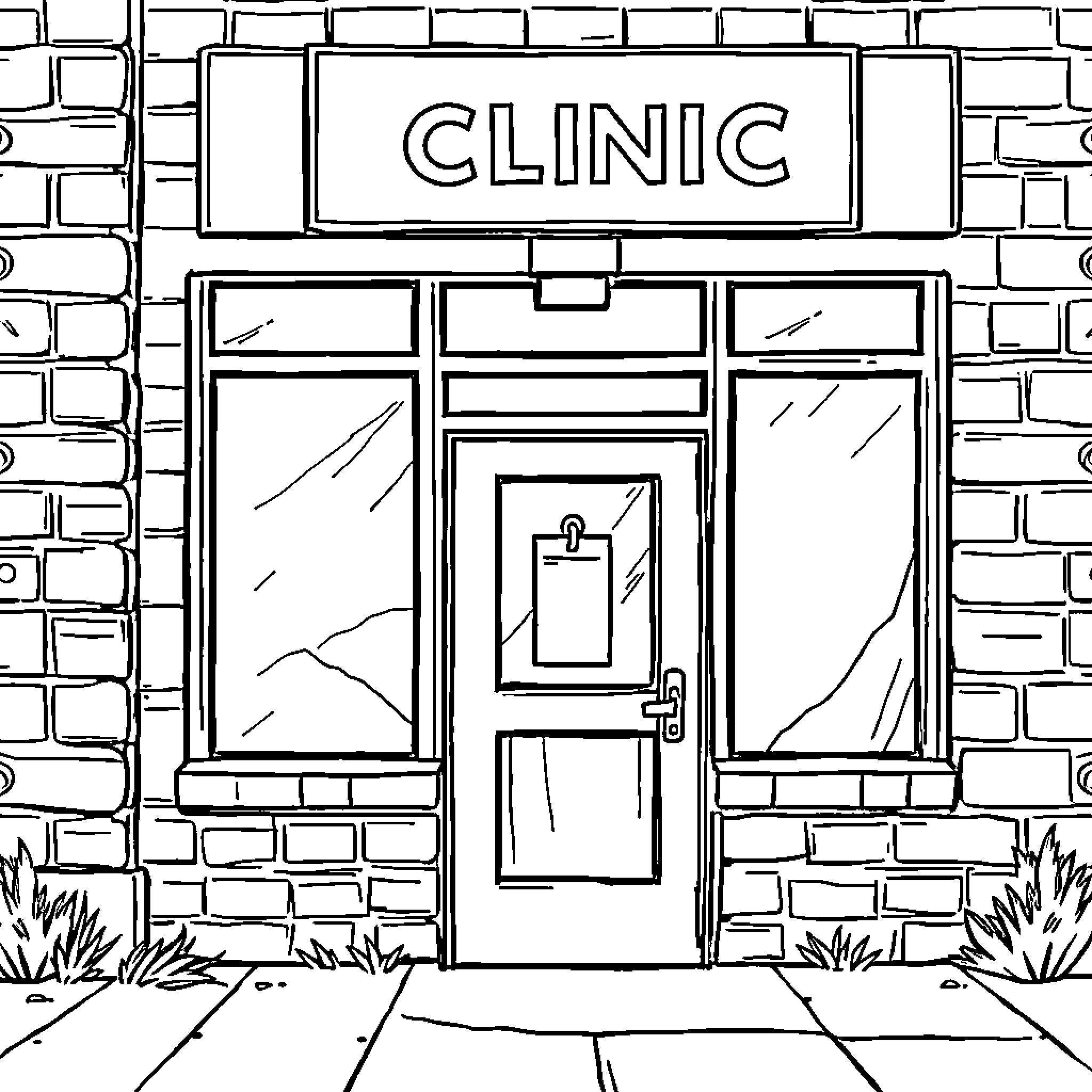 Clinic Entrance with Signage and Glass Doors Coloring Page (free black-and-white line drawing printable PDF for all, from beginners to advanced learners, including children, teens, adults, and seniors)