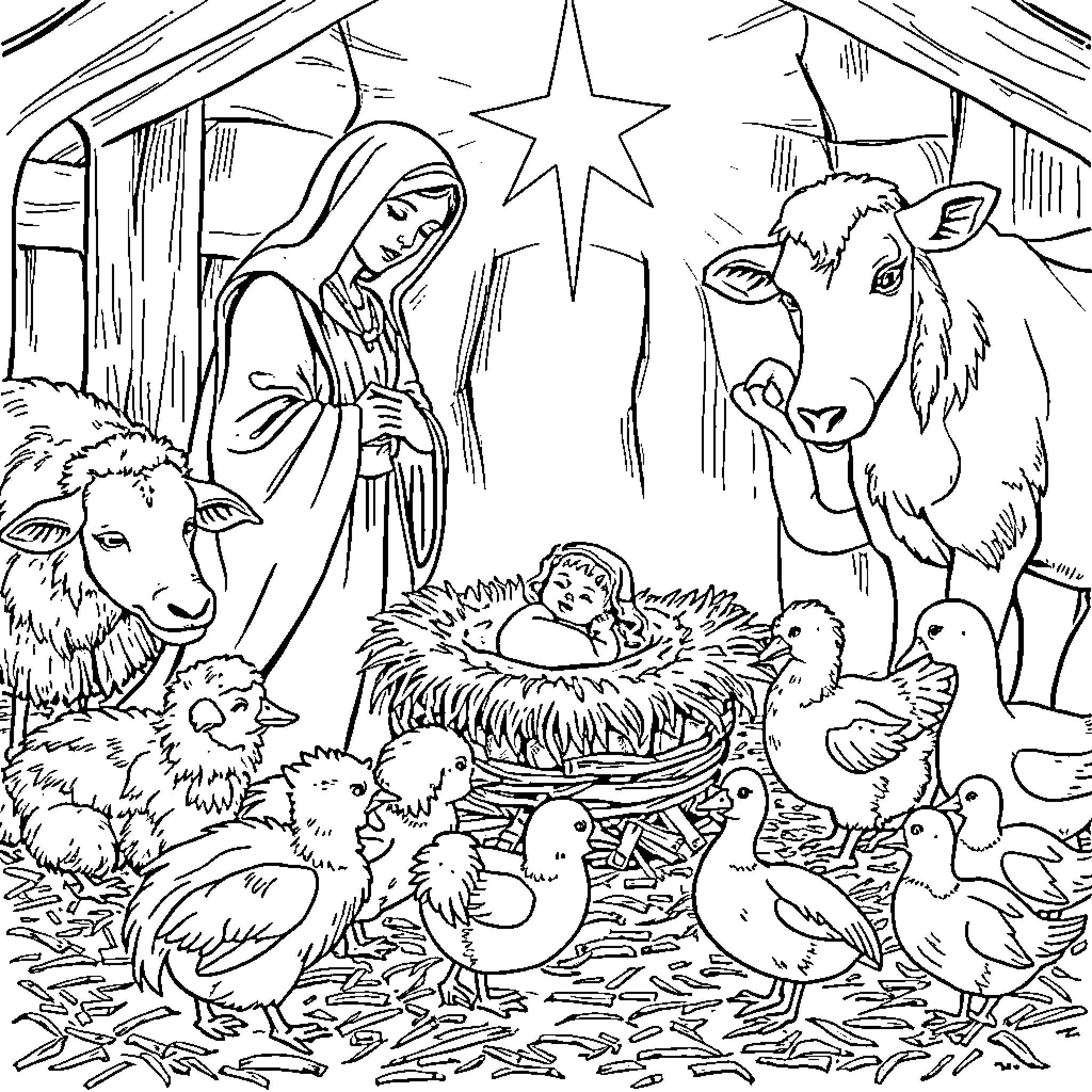 Nativity scene with animals and baby Jesus Coloring Page (free black-and-white line drawing printable PDF for all, from beginners to advanced learners, including children, teens, adults, and seniors)