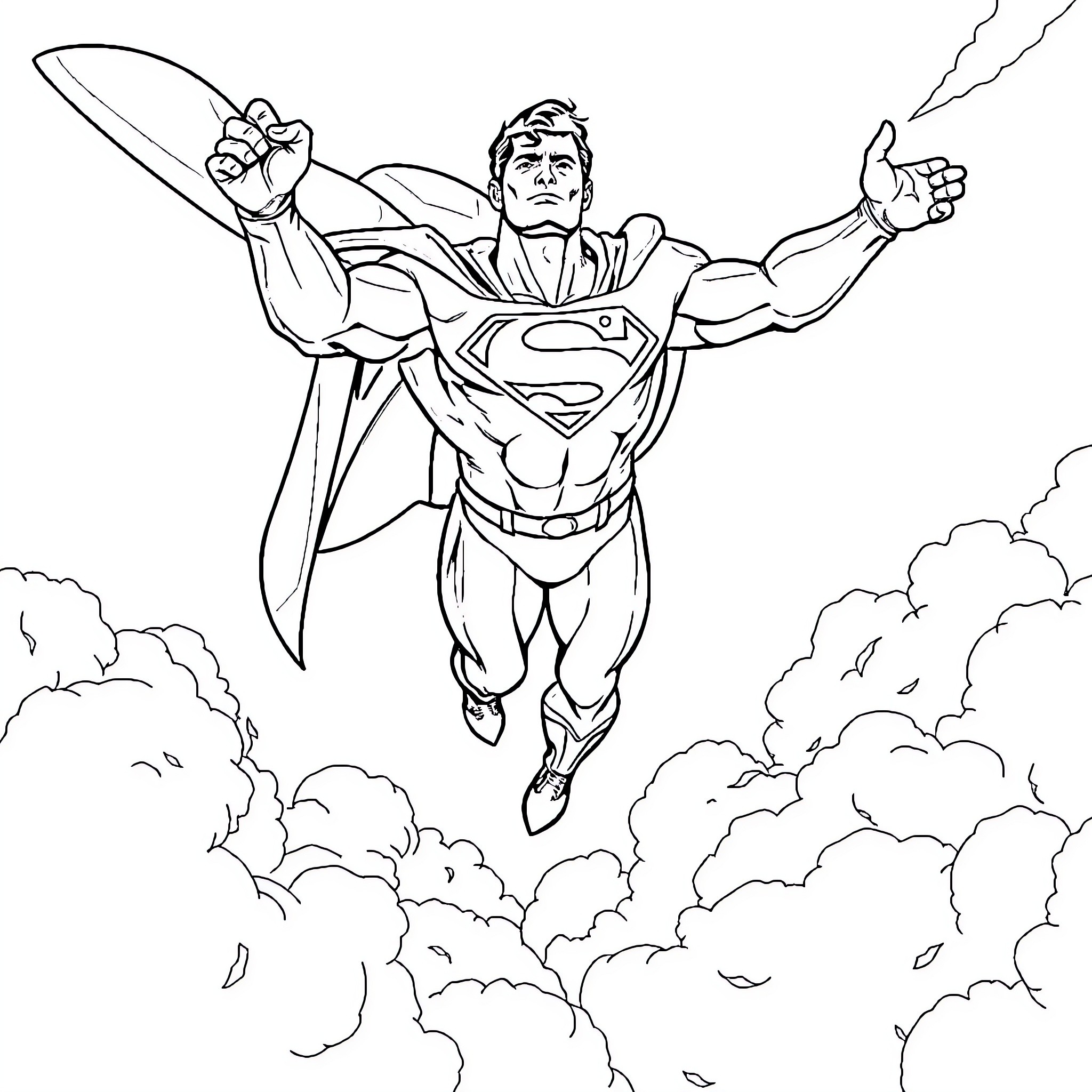 Superman soaring through the sky in heroic pose Coloring Page (free black-and-white line drawing printable PDF for all, from beginners to advanced learners, including children, teens, adults, and seniors)