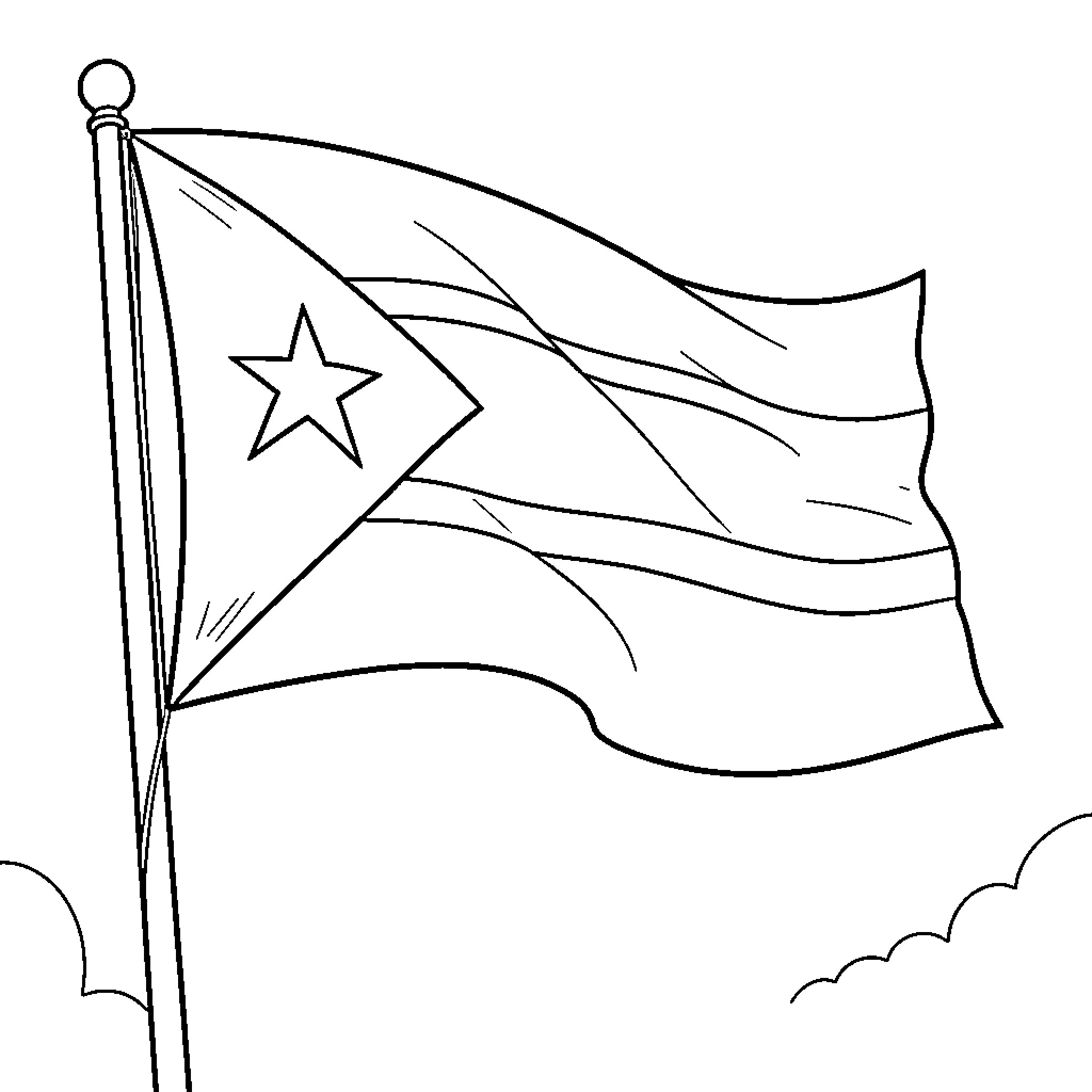 Puerto Rico Flag waving in the wind Coloring Page (free black-and-white line drawing printable PDF for all, from beginners to advanced learners, including children, teens, adults, and seniors)