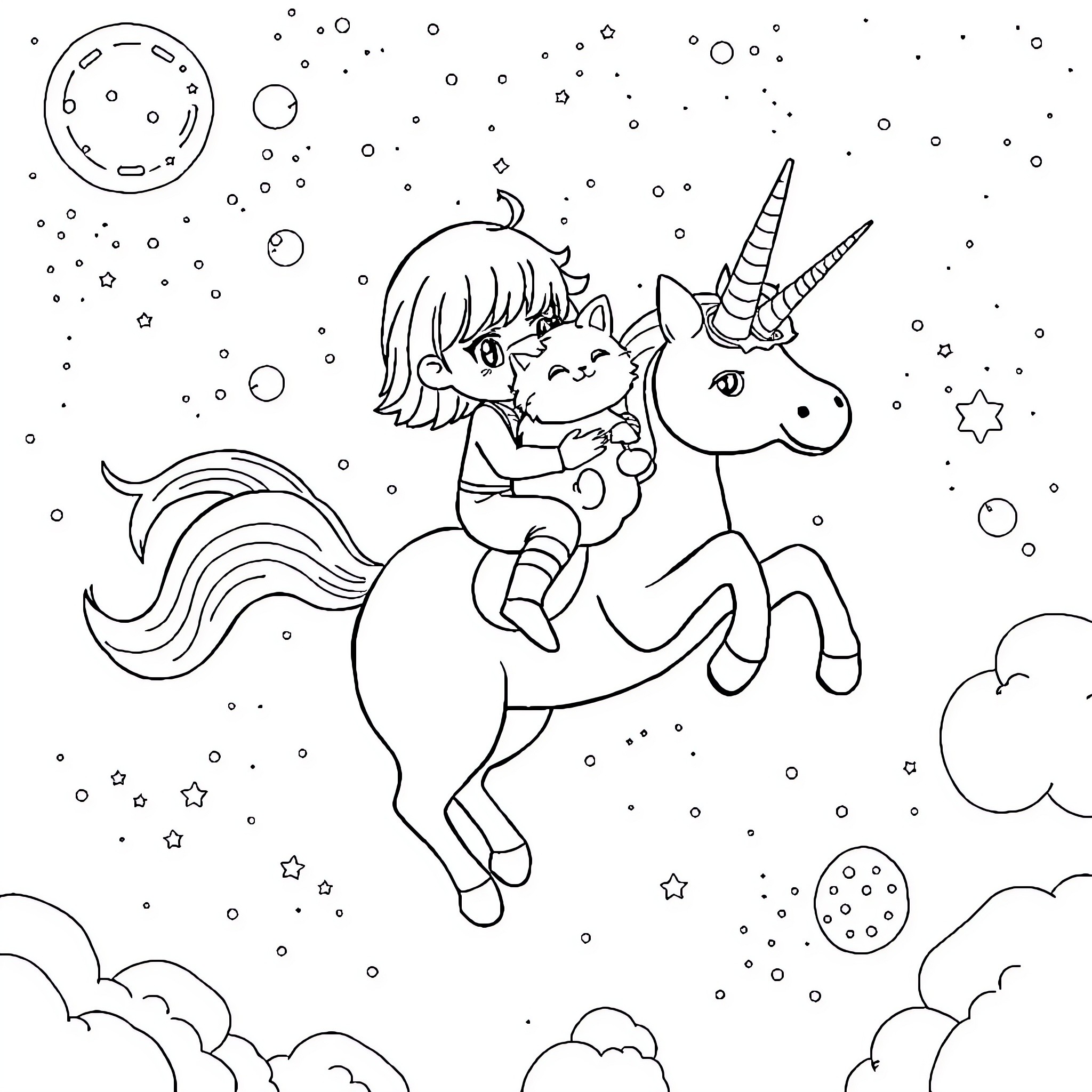 Shinobu's Magical Unicorn Adventure Coloring Page (free black-and-white line drawing printable PDF for all, from beginners to advanced learners, including children, teens, adults, and seniors)