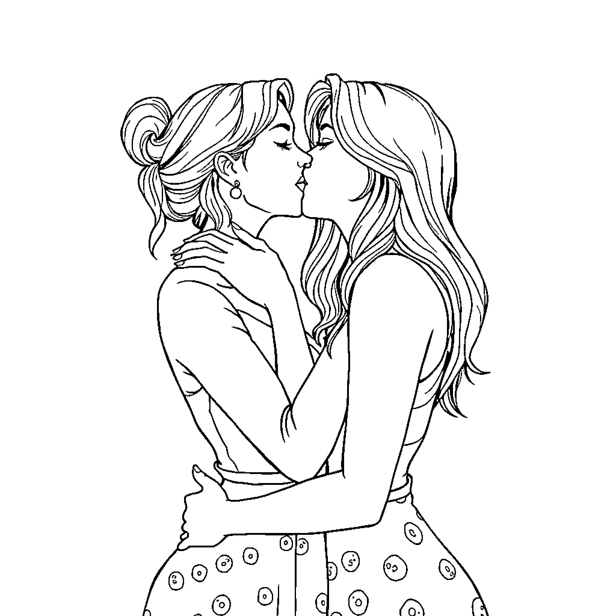Lesbian couple sharing a loving embrace Coloring Page (free black-and-white line drawing printable PDF for all, from beginners to advanced learners, including children, teens, adults, and seniors)
