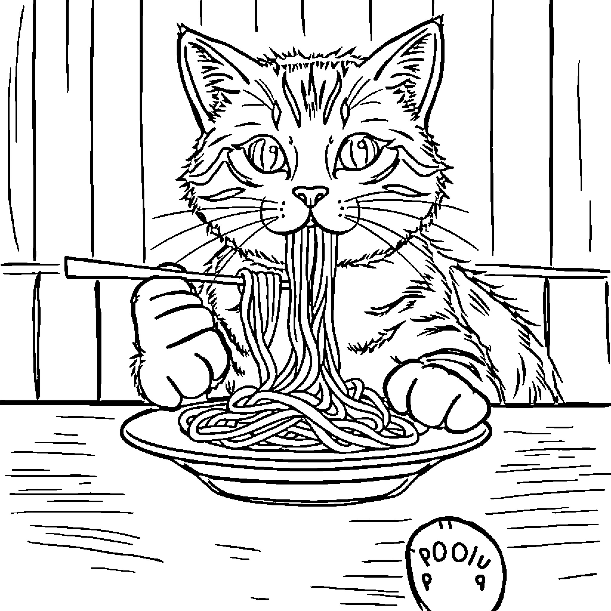 Cat devouring spaghetti Coloring Page (free black-and-white line drawing printable PDF for all, from beginners to advanced learners, including children, teens, adults, and seniors)